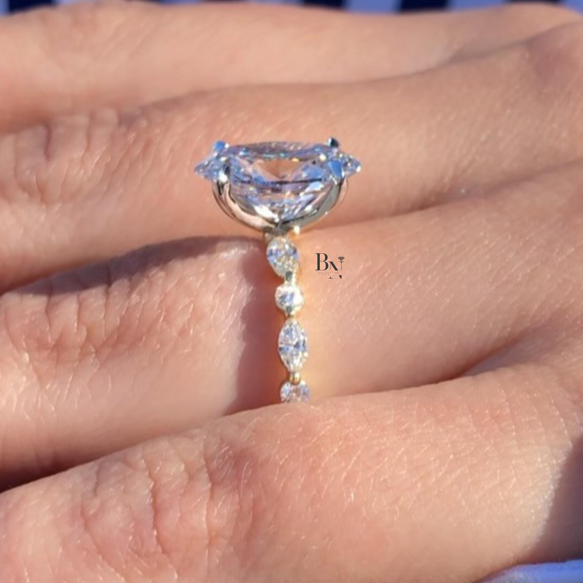 3.00 CT Oval Lab Diamond Engagement Ring | Marquise Accent Band | 14K Yellow Gold Solitaire | IGI Certified | Elongated Oval Proposal