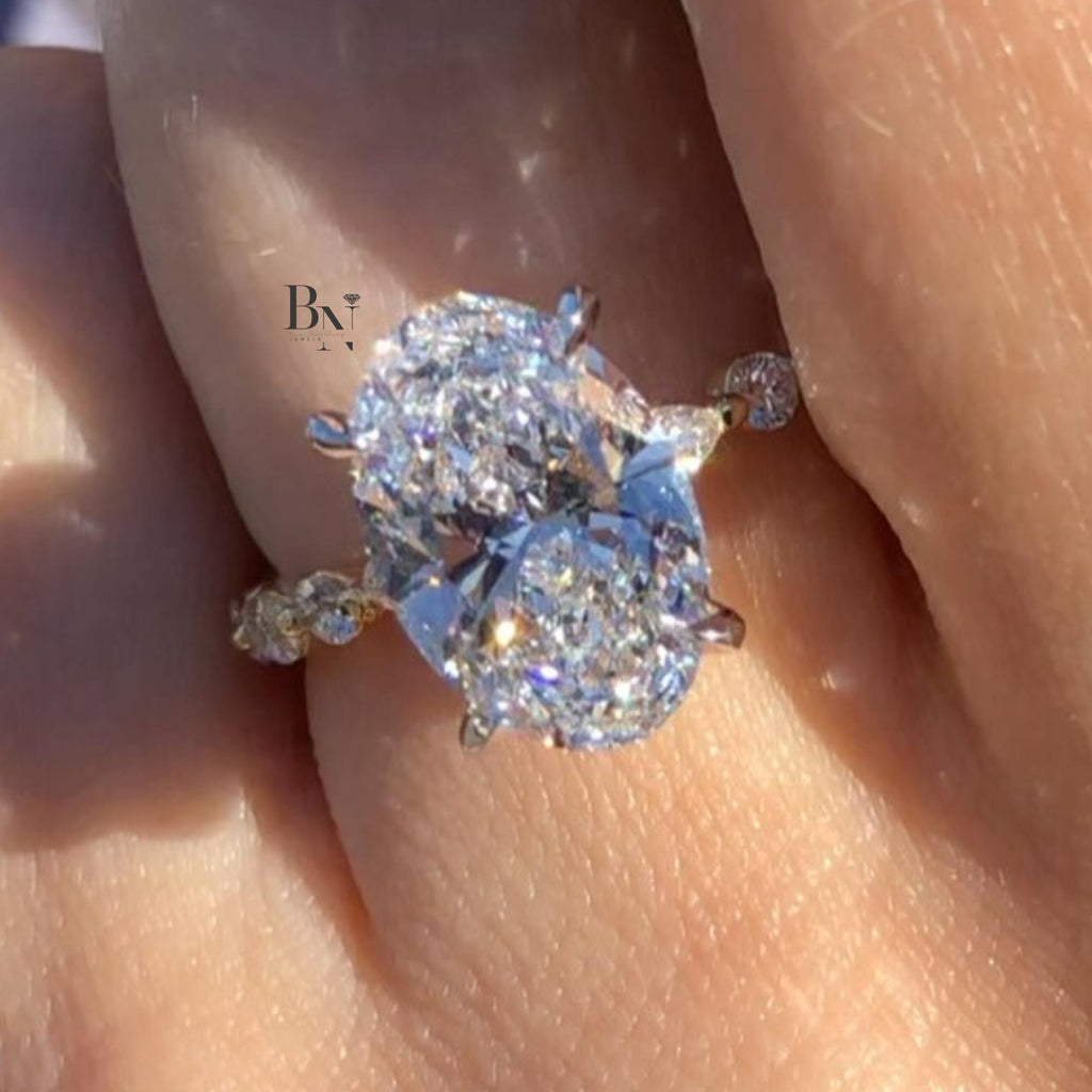 3.00 CT Oval Lab Diamond Engagement Ring | Marquise Accent Band | 14K Yellow Gold Solitaire | IGI Certified | Elongated Oval Proposal