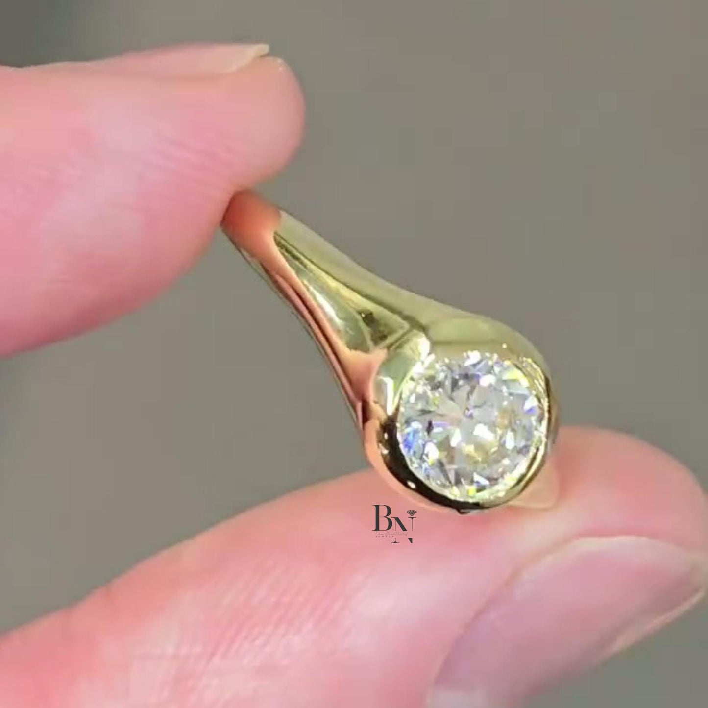 1.00ct Round Lab Grown Diamond Ring | 14K Two Tone Gold Bezel Set Solitaire | Minimalist Engagement | Flush Fit Wedding Set