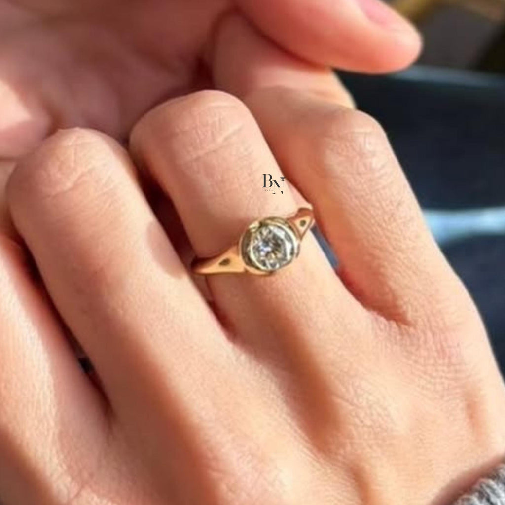 1.00ct Round Lab Grown Diamond Ring | 14K Two Tone Gold Bezel Set Solitaire | Minimalist Engagement | Flush Fit Wedding Set