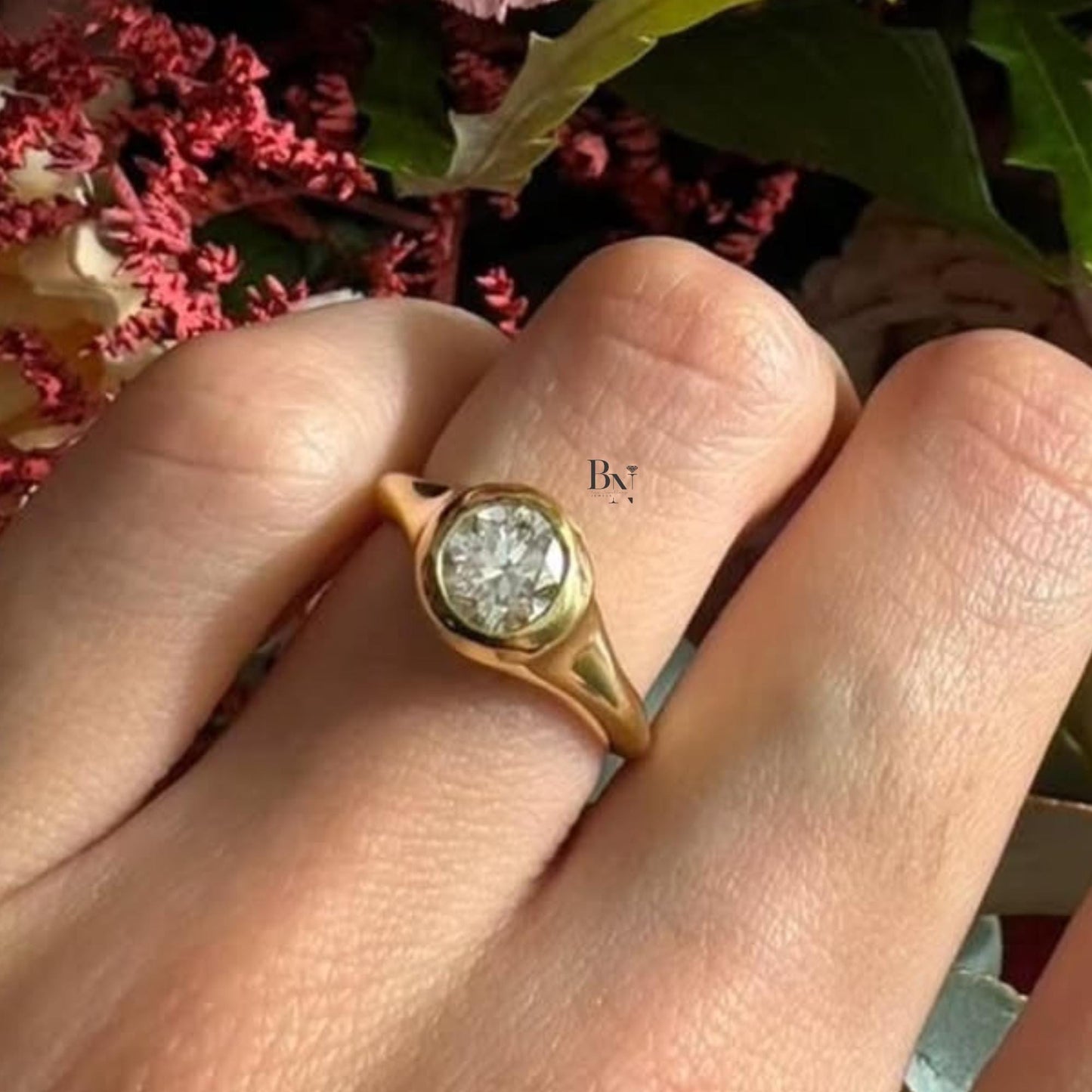 1.00ct Round Lab Grown Diamond Ring | 14K Two Tone Gold Bezel Set Solitaire | Minimalist Engagement | Flush Fit Wedding Set