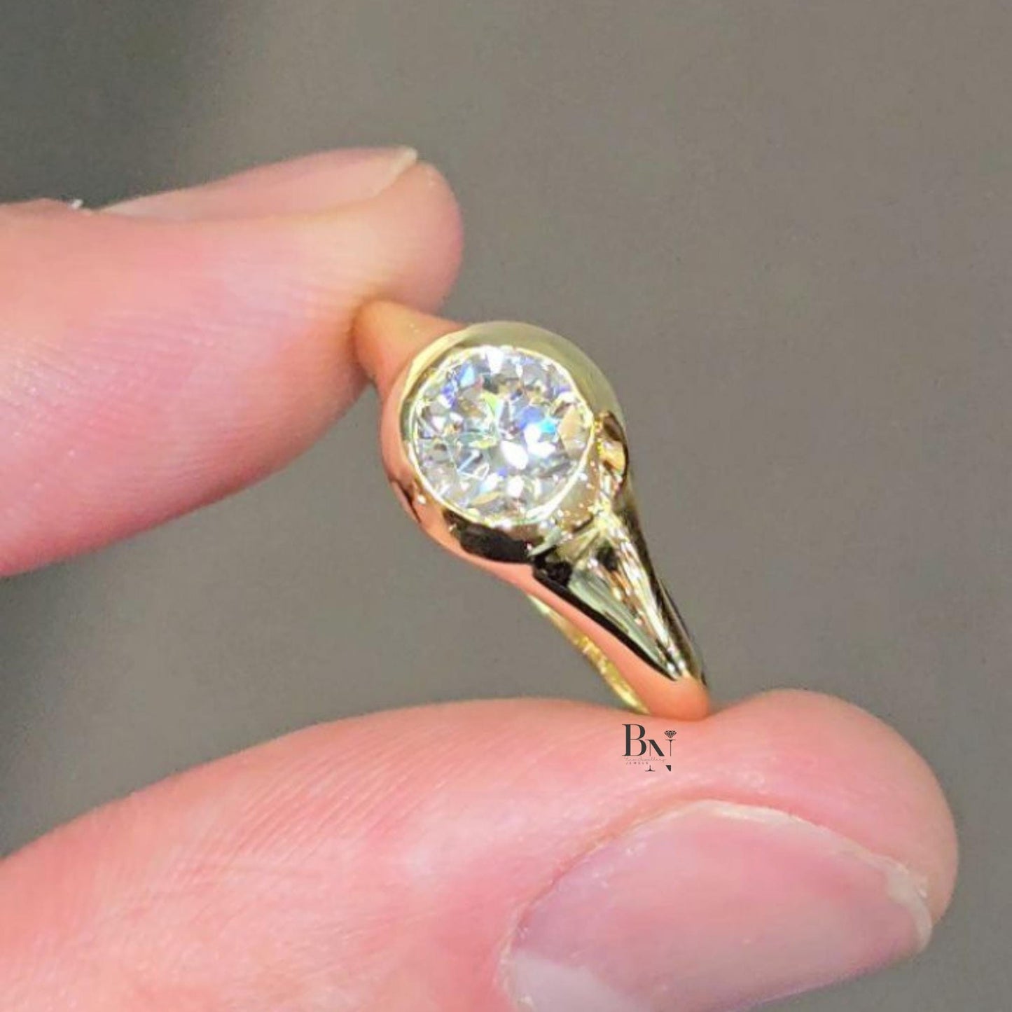 1.00ct Round Lab Grown Diamond Ring | 14K Two Tone Gold Bezel Set Solitaire | Minimalist Engagement | Flush Fit Wedding Set