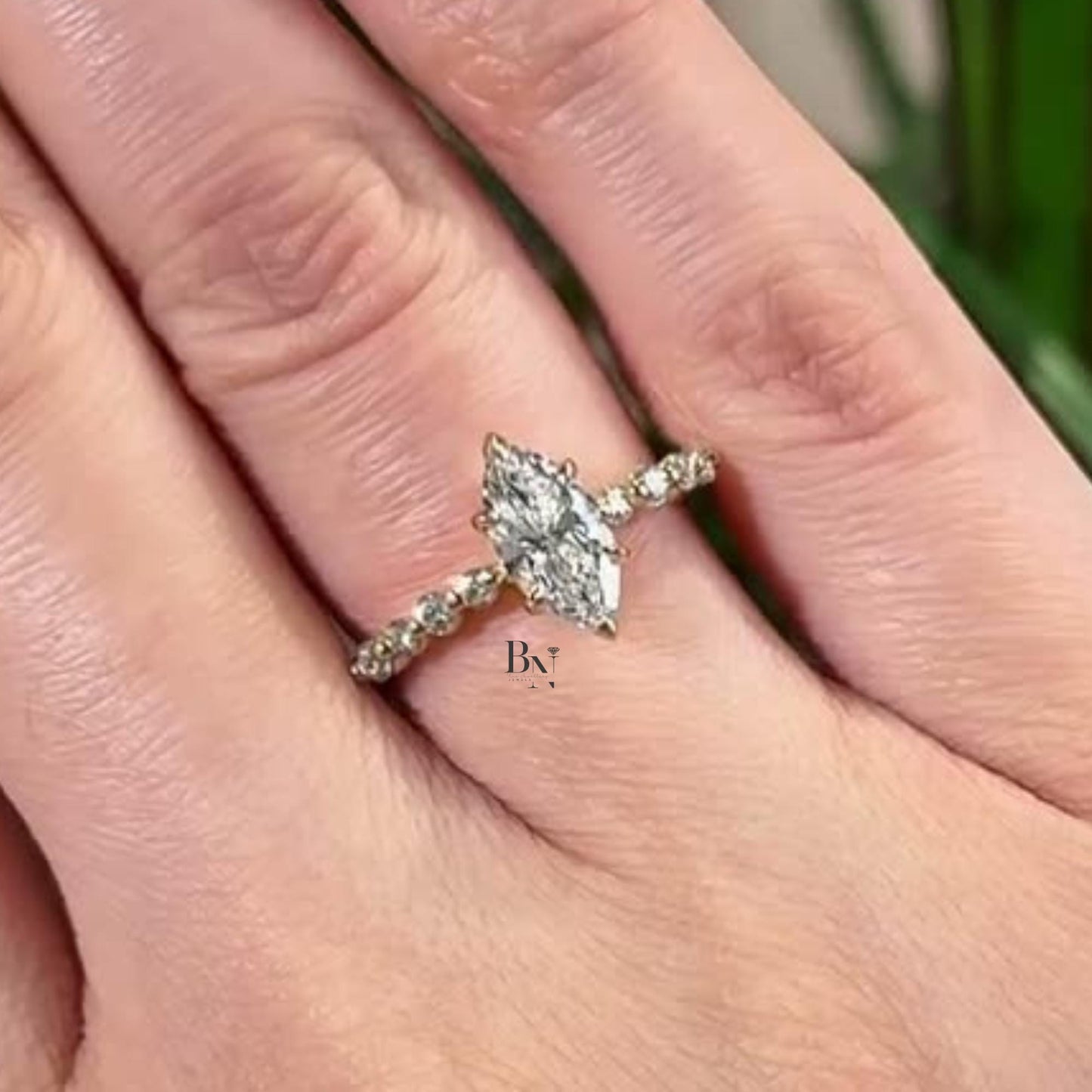 1.00ct Marquise Lab Diamond Engagement Ring | Vintage Solitaire with Pave Accents | 14K Yellow Gold Proposal Ring | Dainty