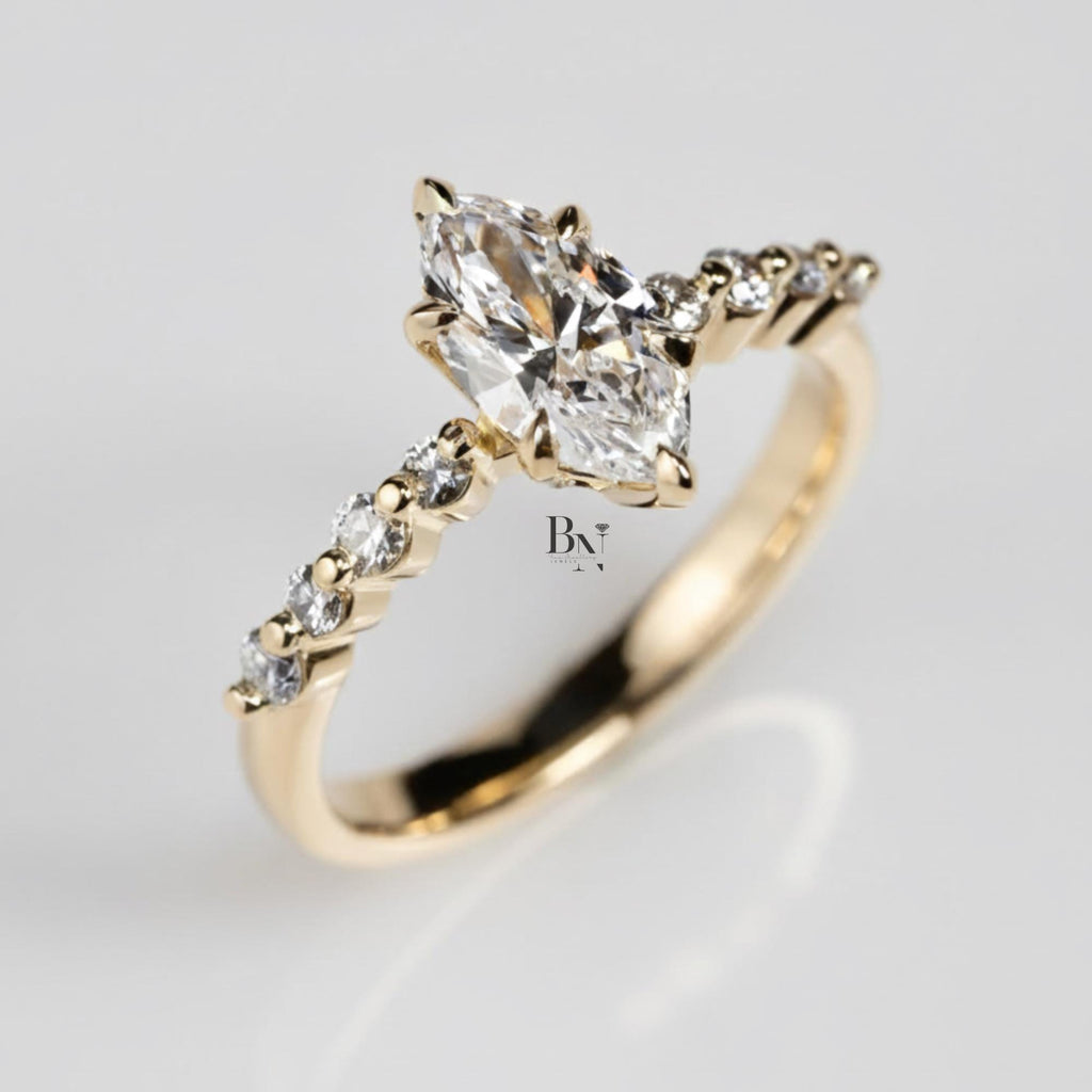 1.00ct Marquise Lab Diamond Engagement Ring | Vintage Solitaire with Pave Accents | 14K Yellow Gold Proposal Ring | Dainty