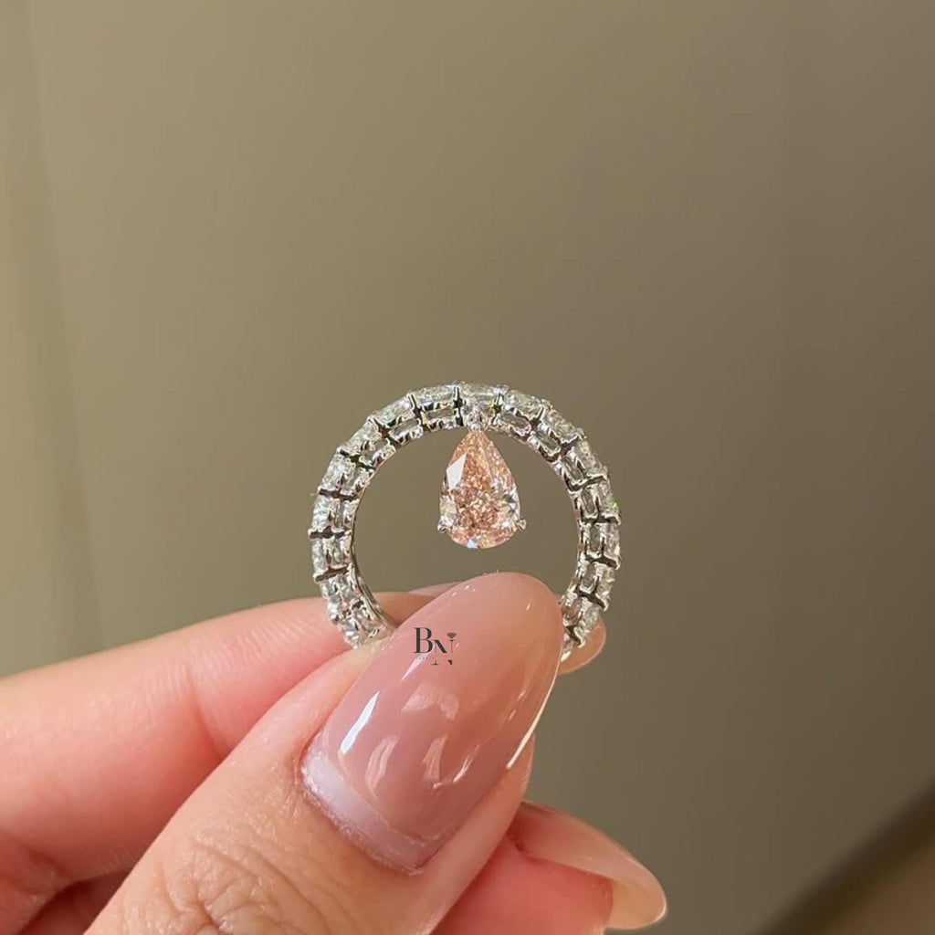 1.00ct Lab Diamond Eternity Band | Dangling Pear Accent Wedding Ring | Floating Diamond Charm | White Gold Luxury