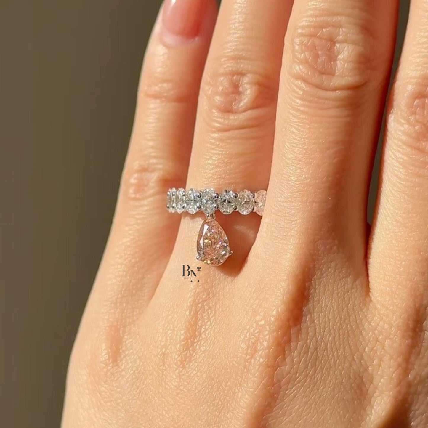 1.00ct Lab Diamond Eternity Band | Dangling Pear Accent Wedding Ring | Floating Diamond Charm | White Gold Luxury