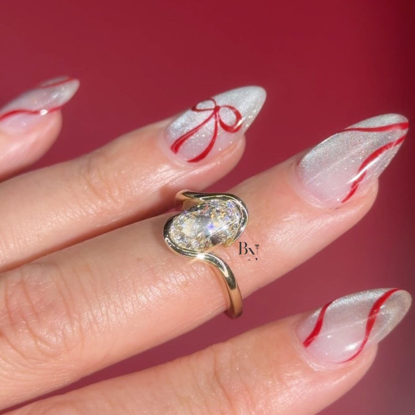 3.00ct Oval Lab Diamond Engagement Ring | Swirl Bypass Setting 14K Gold | Unique Semi Bezel Proposal Ring | Artistic Solitaire