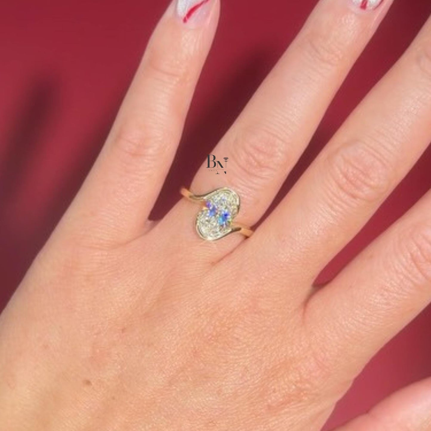 3.00ct Oval Lab Diamond Engagement Ring | Swirl Bypass Setting 14K Gold | Unique Semi Bezel Proposal Ring | Artistic Solitaire