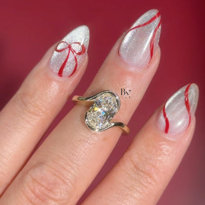 3.00ct Oval Lab Diamond Engagement Ring | Swirl Bypass Setting 14K Gold | Unique Semi Bezel Proposal Ring | Artistic Solitaire