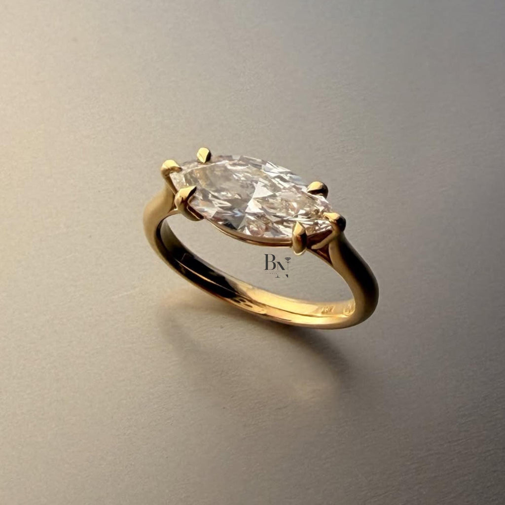3.00ct East West Marquise Lab Diamond Engagement Ring | Horizontal Solitaire Pave | 14K Yellow Gold Proposal | Unique Bridal