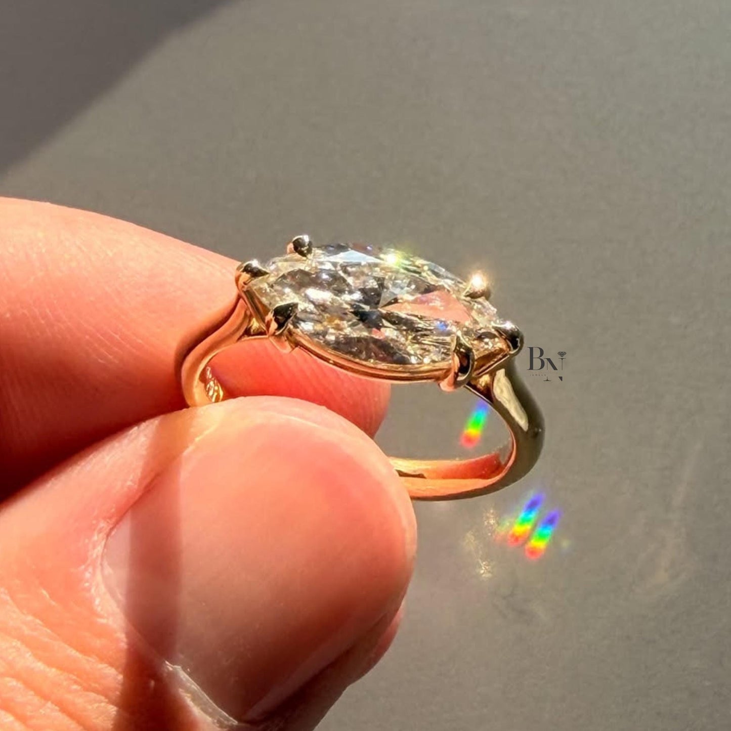 3.00ct East West Marquise Lab Diamond Engagement Ring | Horizontal Solitaire Pave | 14K Yellow Gold Proposal | Unique Bridal