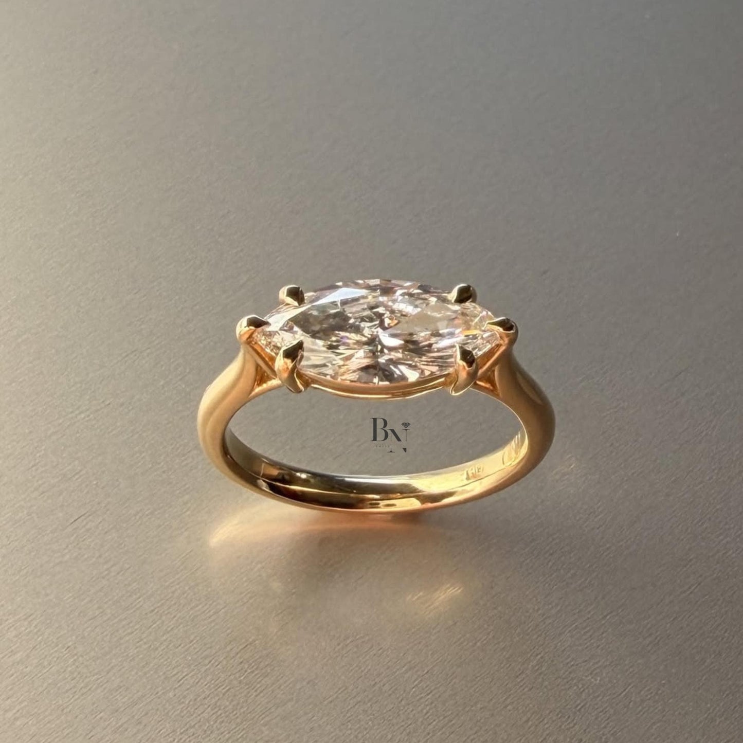 3.00ct East West Marquise Lab Diamond Engagement Ring | Horizontal Solitaire Pave | 14K Yellow Gold Proposal | Unique Bridal