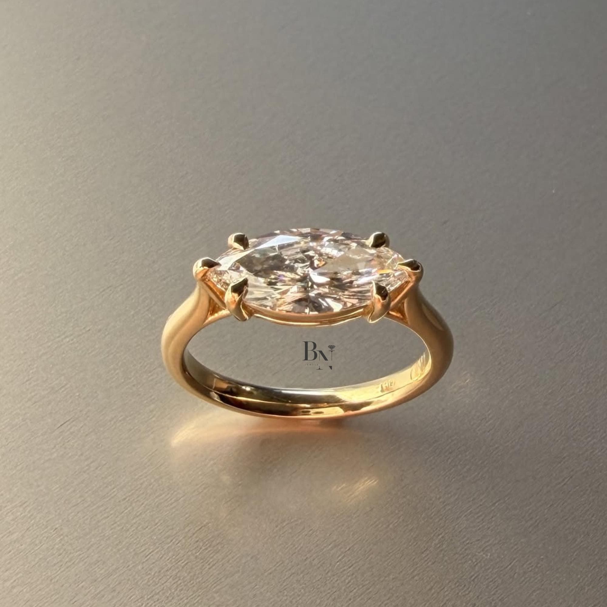 3.00ct East West Marquise Lab Diamond Engagement Ring | Horizontal Solitaire Pave | 14K Yellow Gold Proposal | Unique Bridal