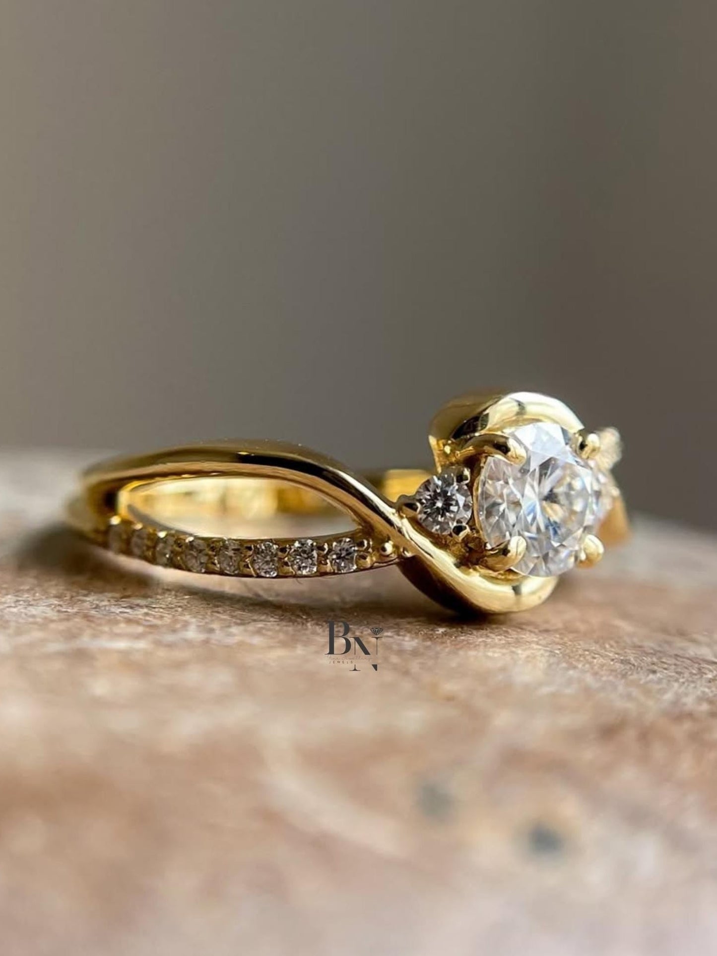1.00ct Round Lab Diamond Engagement Ring | Yellow Gold Swirl Bypass Setting | Dainty Pave Solitaire | Unique Proposal Ring
