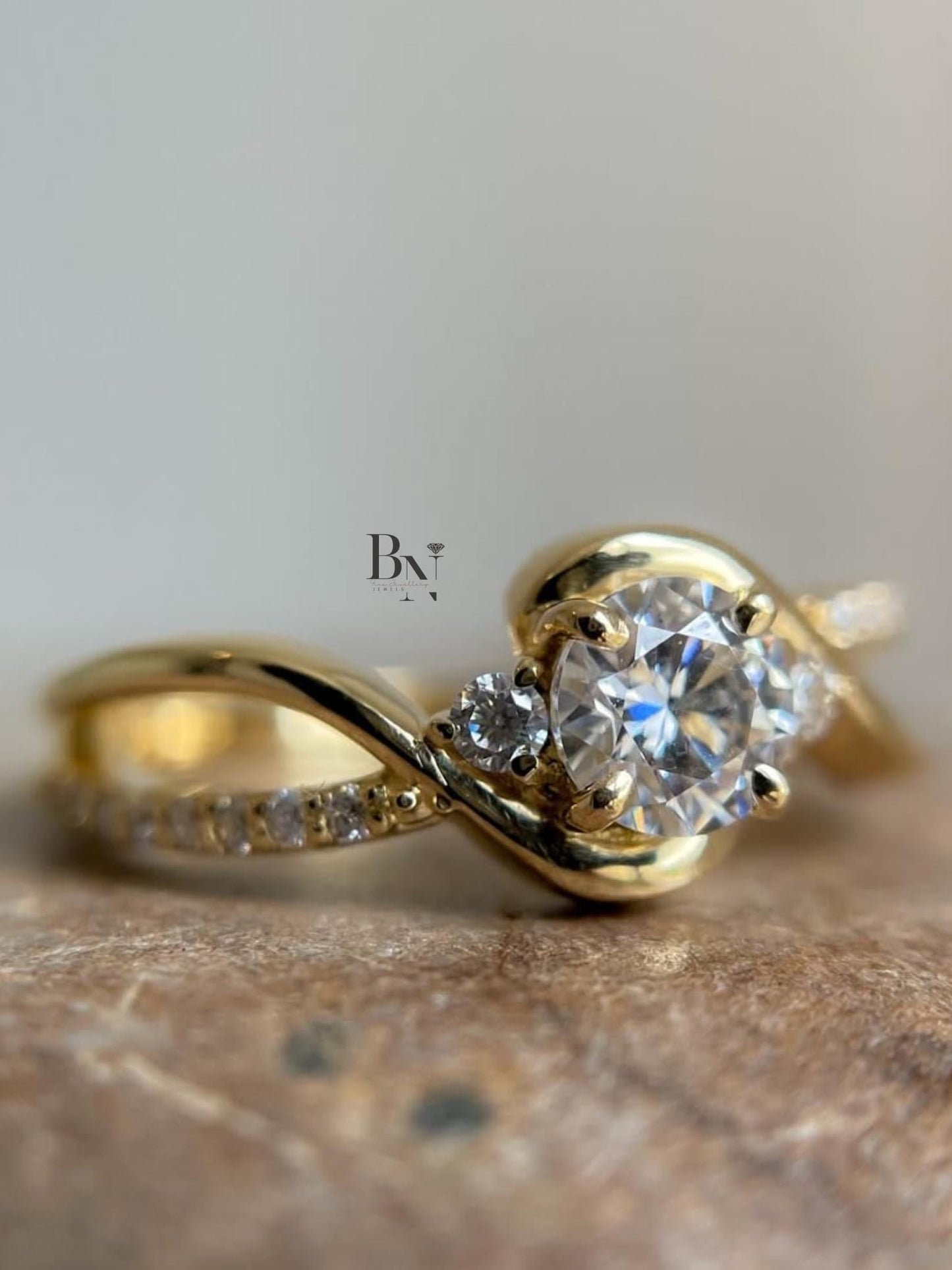 1.00ct Round Lab Diamond Engagement Ring | Yellow Gold Swirl Bypass Setting | Dainty Pave Solitaire | Unique Proposal Ring