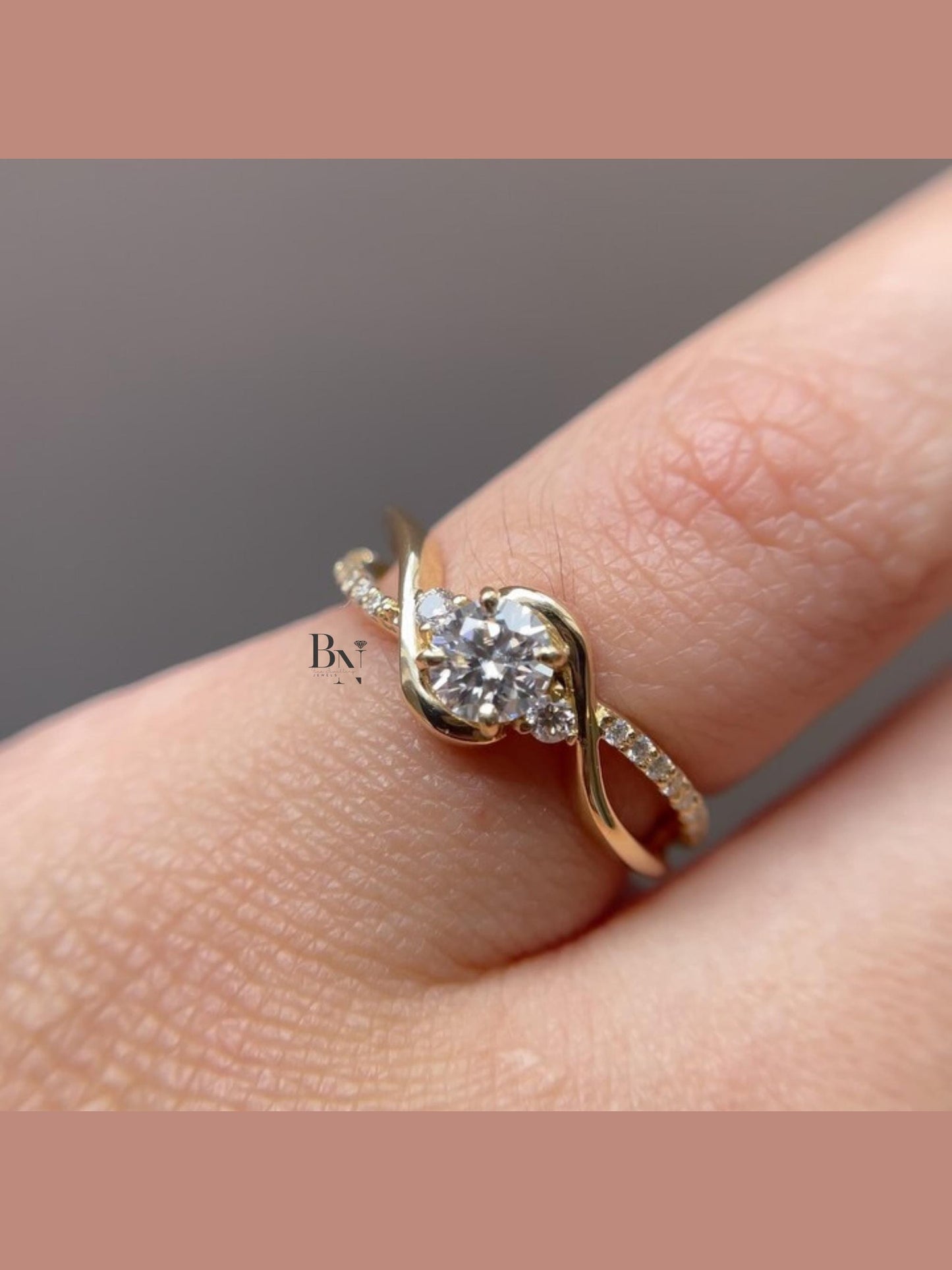 1.00ct Round Lab Diamond Engagement Ring | Yellow Gold Swirl Bypass Setting | Dainty Pave Solitaire | Unique Proposal Ring