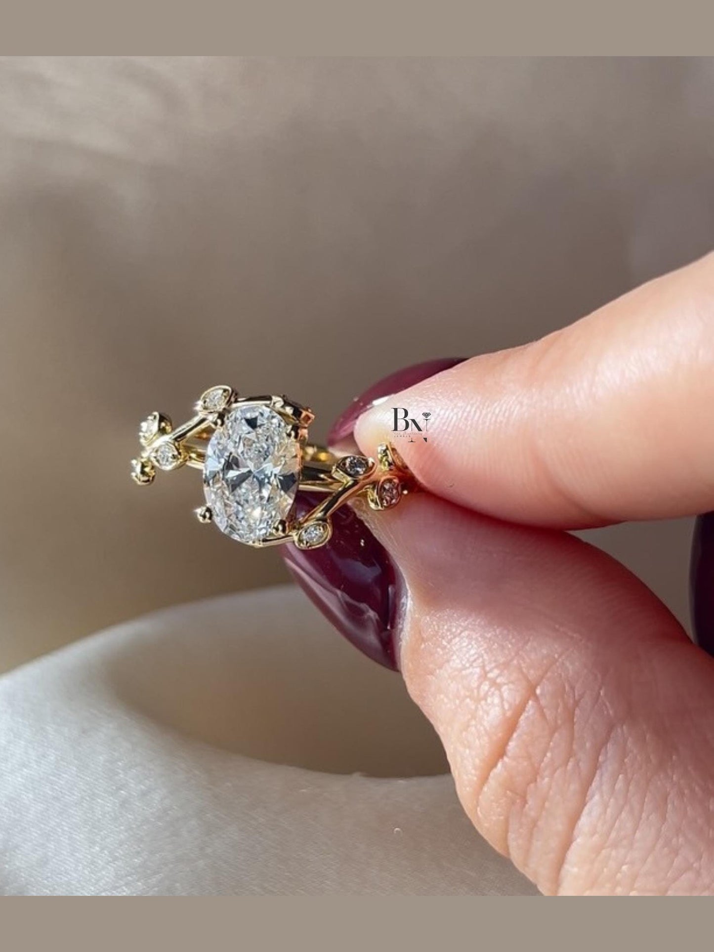 1.50ct Oval Lab Diamond Engagement Ring | Leaf and Vine Solitaire Band | 14K White Gold Dainty Band | IGI Certified | Nature Inspired Band