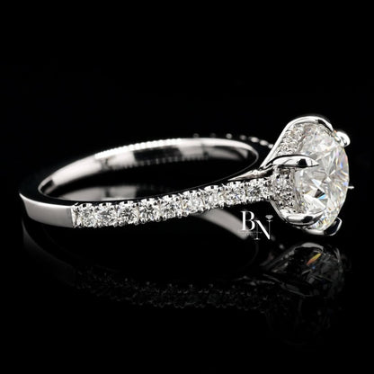 1.00 CT Round Lab Diamond Halo Engagement Ring | 14K White Gold Pave Band | IGI Certified | Round Brilliant Proposal Gift