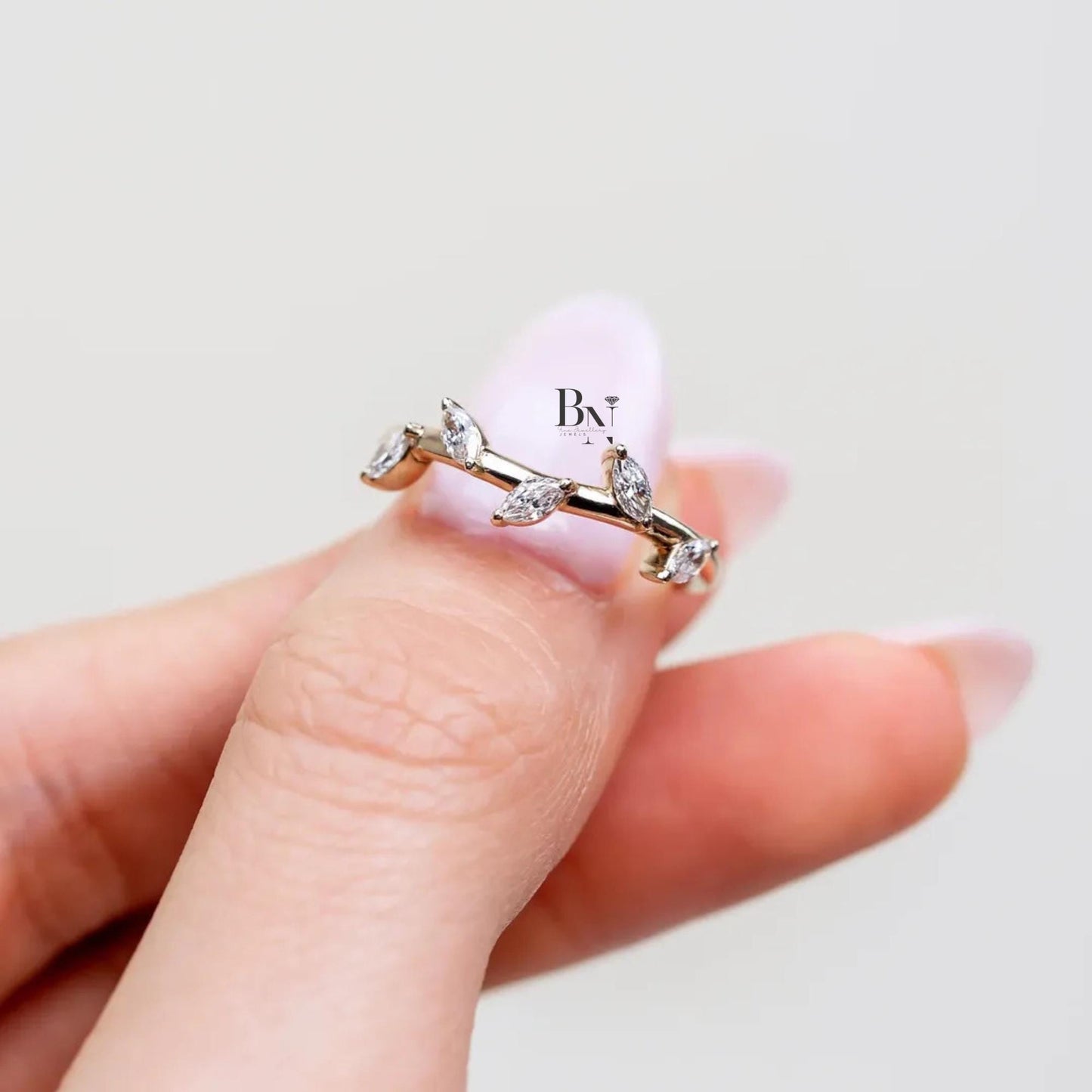 0.20 CTW Marquise Lab Diamond Wedding Band | Yellow Gold Vine Stacking Ring | Dainty Floral Accent | Anniversary Gift