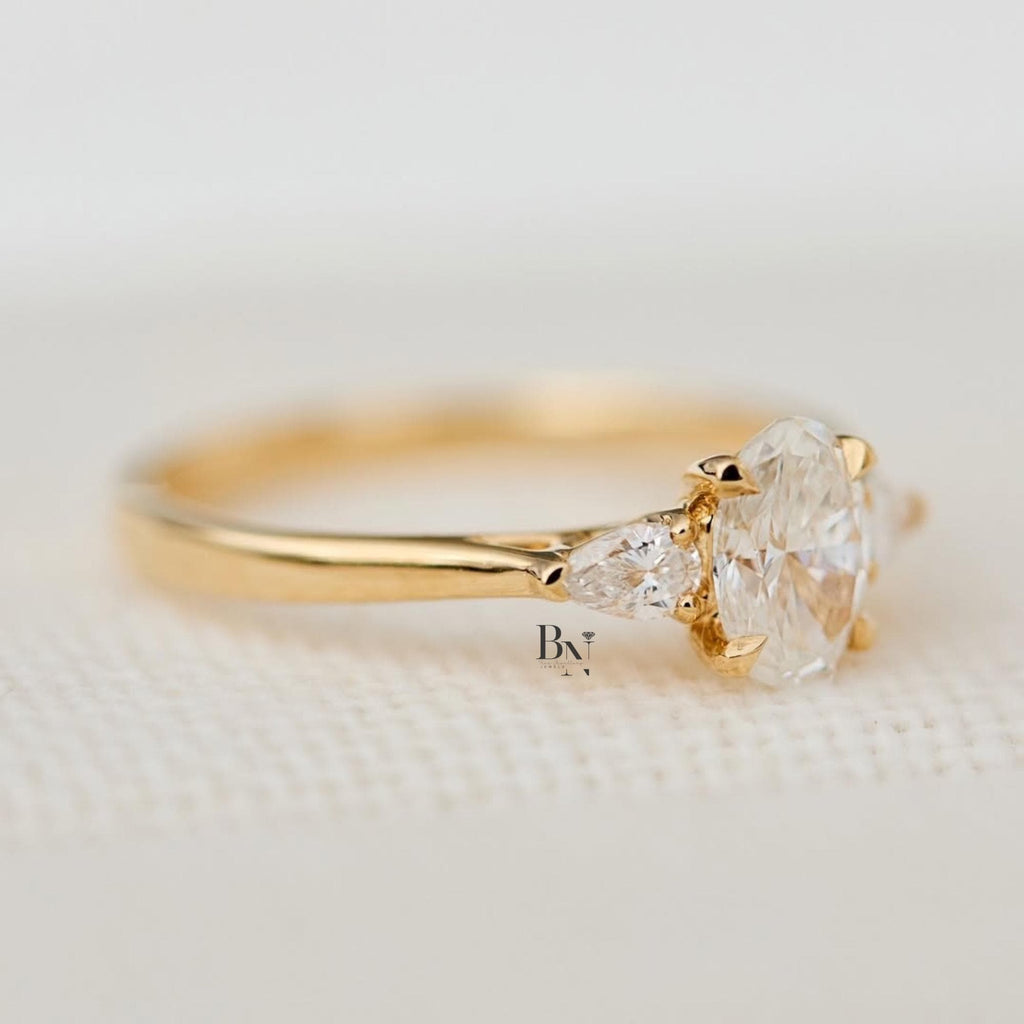 1.00ct Oval Lab Diamond Engagement Ring | Marquise Dot Accents 14K Gold | Vintage Proposal Ring | IGI Certified | Dainty