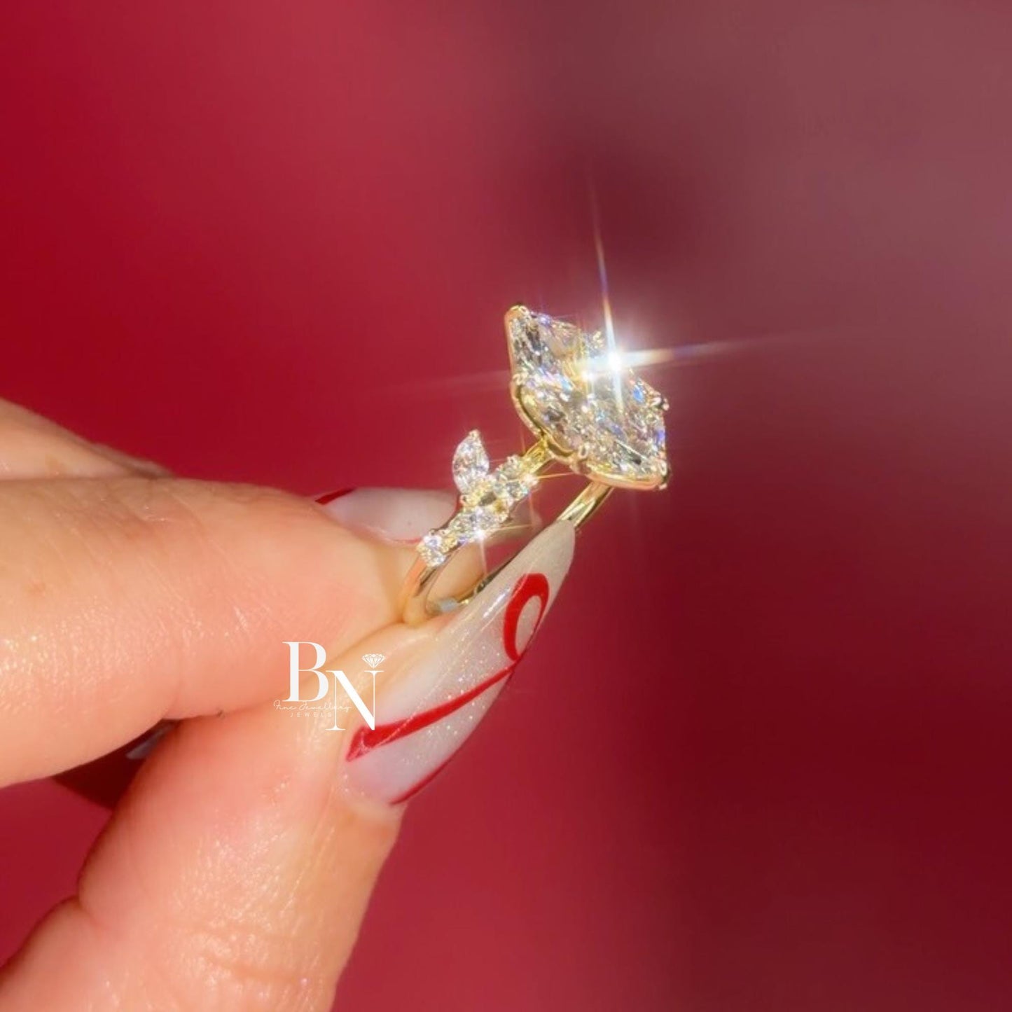 3.00ct Marquise Lab Diamond Engagement Ring | Vine Leaf Cluster Pave Accents 14K Gold Setting | Nature Inspired Vintage Statement Ring