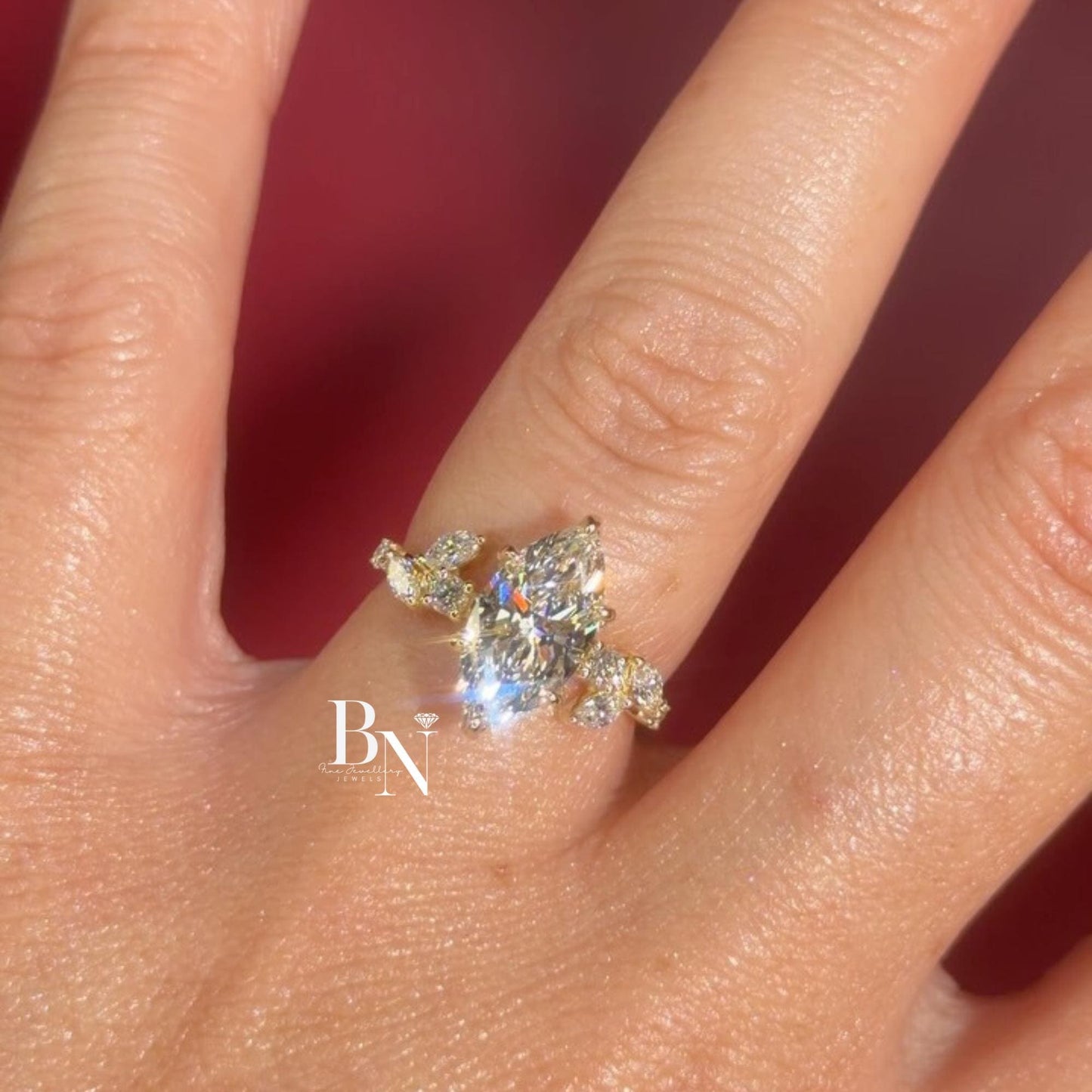 3.00ct Marquise Lab Diamond Engagement Ring | Vine Leaf Cluster Pave Accents 14K Gold Setting | Nature Inspired Vintage Statement Ring