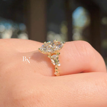 3.00ct Marquise Lab Diamond Engagement Ring | Vine Leaf Floral Band 14K Yellow Gold Setting | Nature Inspired Vintage Statement Ring