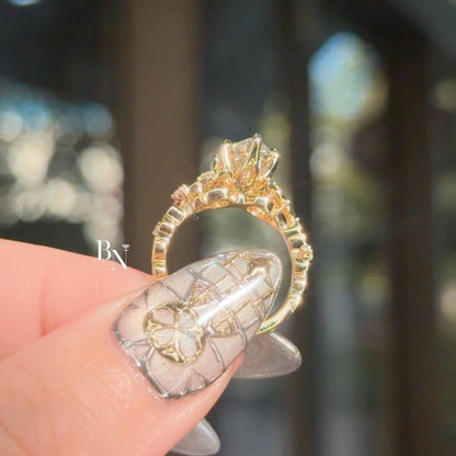 3.00ct Marquise Lab Diamond Engagement Ring | Vine Leaf Floral Band 14K Yellow Gold Setting | Nature Inspired Vintage Statement Ring