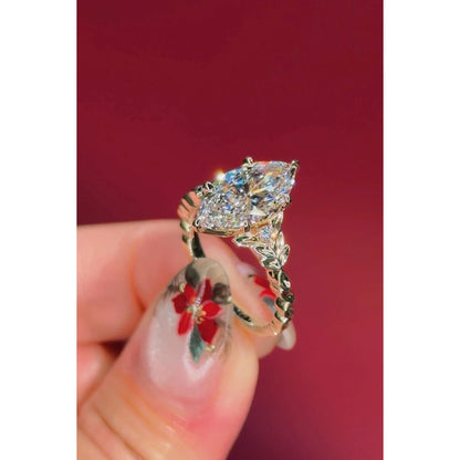 3.00ct Marquise Lab Diamond Engagement Ring | Vine Leaf Floral Band 14K Yellow Gold Setting | Nature Inspired Vintage Statement Ring