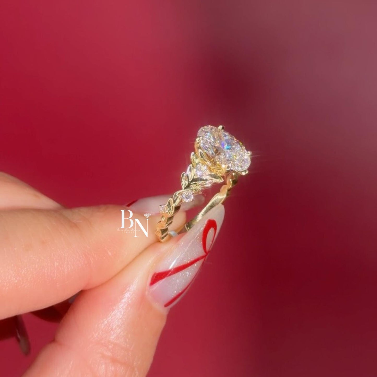 3.00ct Oval Lab Diamond Engagement Ring | Vine Floral Leaf Cluster Accent 14K Gold | Unique Nature Inspired Proposal Solitaire Ring | Gift