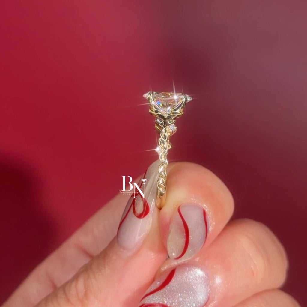 3.00ct Oval Lab Diamond Engagement Ring | Vine Floral Leaf Cluster Accent 14K Gold | Unique Nature Inspired Proposal Solitaire Ring | Gift