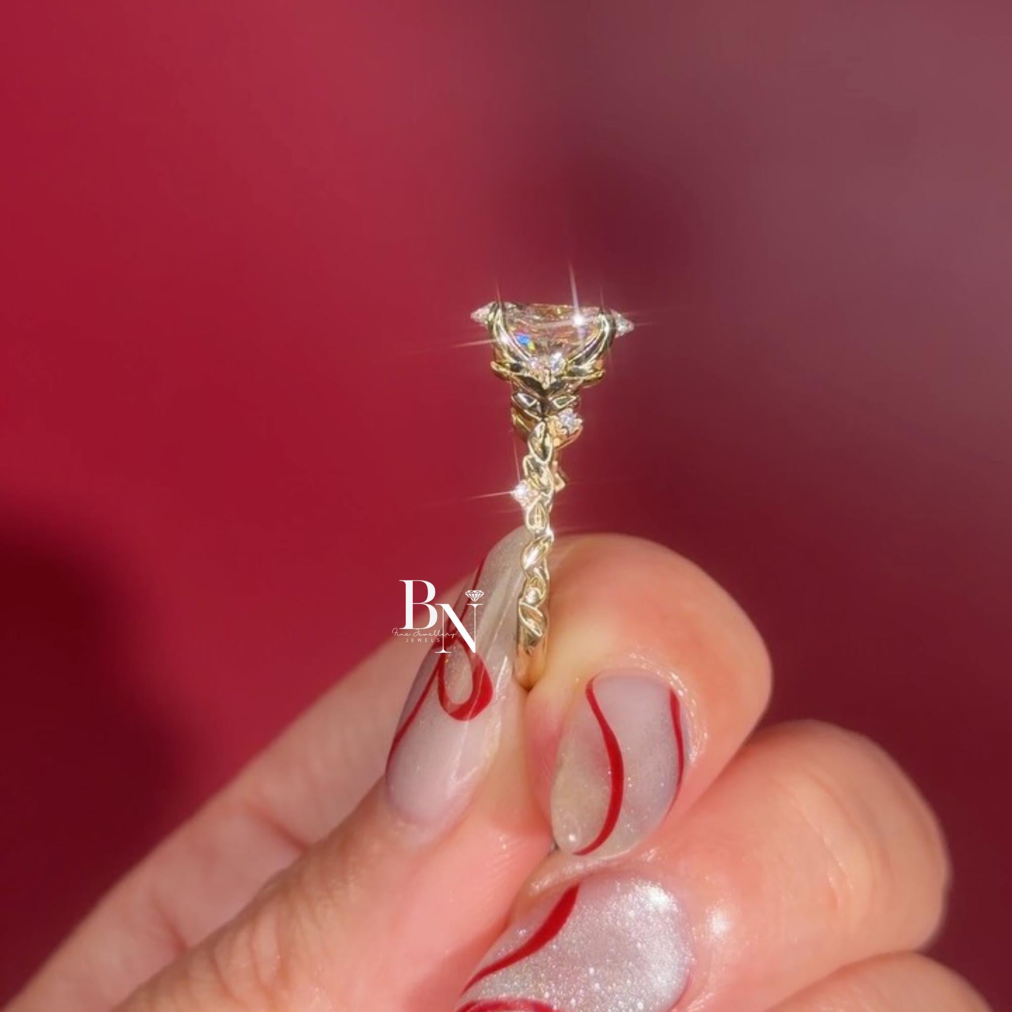 3.00ct Oval Lab Diamond Engagement Ring | Vine Floral Leaf Cluster Accent 14K Gold | Unique Nature Inspired Proposal Solitaire Ring | Gift