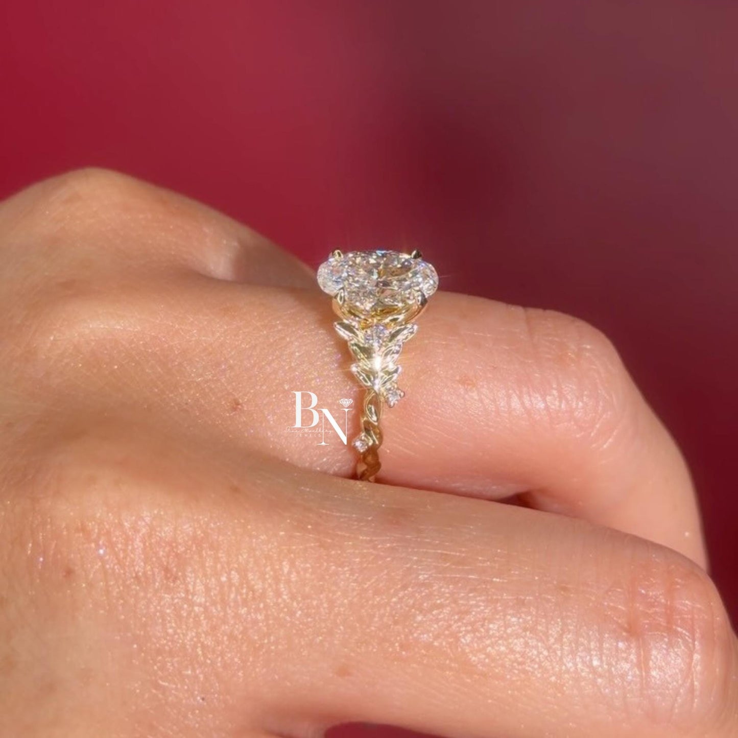 3.00ct Oval Lab Diamond Engagement Ring | Vine Floral Leaf Cluster Accent 14K Gold | Unique Nature Inspired Proposal Solitaire Ring | Gift