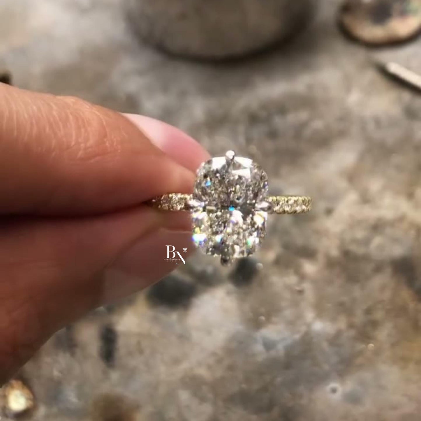 3.00ct Elongated Cushion Lab Diamond Engagement Ring | Micro Pave Band 14K Yellow Gold Solitaire | Dainty Elongated Proposal Ring