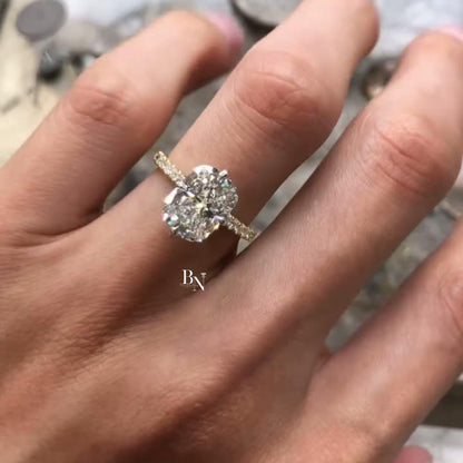 3.00ct Elongated Cushion Lab Diamond Engagement Ring | Micro Pave Band 14K Yellow Gold Solitaire | Dainty Elongated Proposal Ring