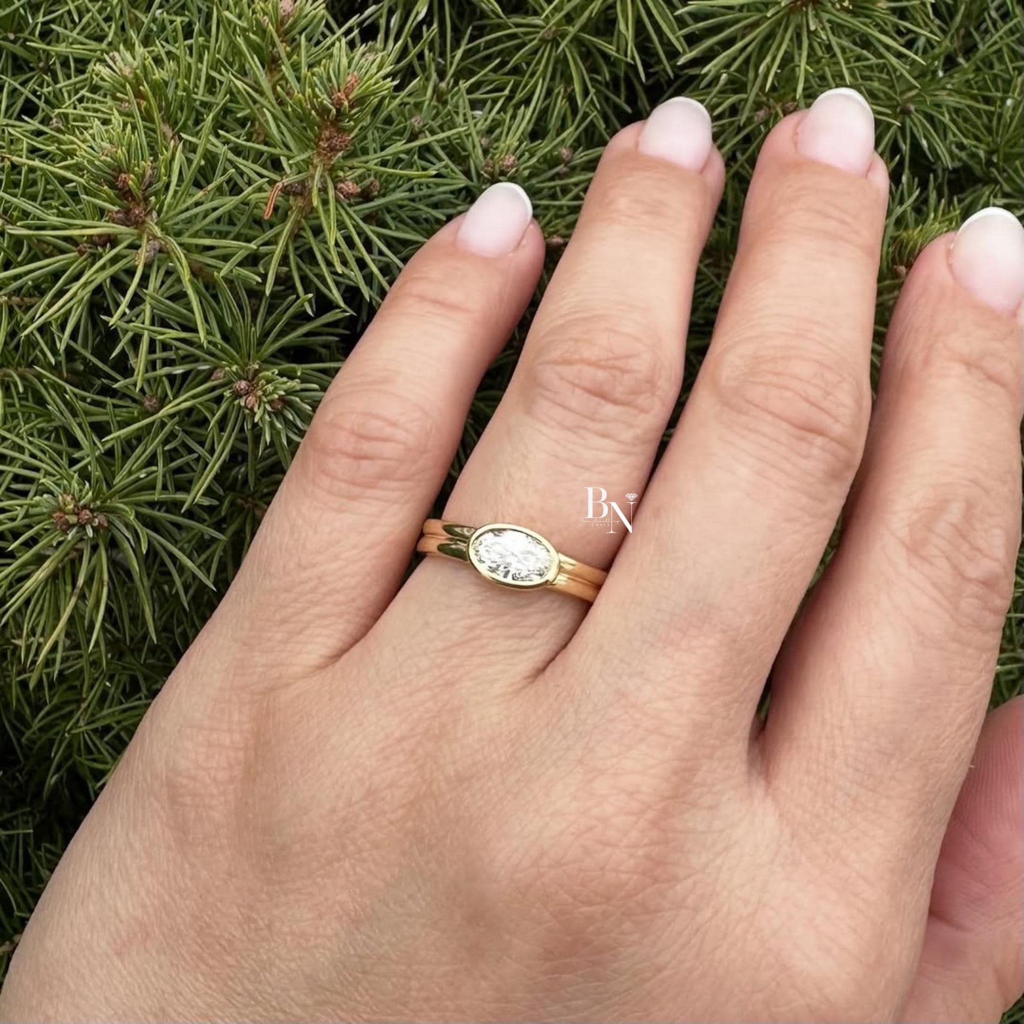 1.00ct Oval Lab Diamond Engagement Ring | East West Full Bezel Double Band 14K Yellow Gold | Minimalist Quiet Luxury Horizontal Solitaire
