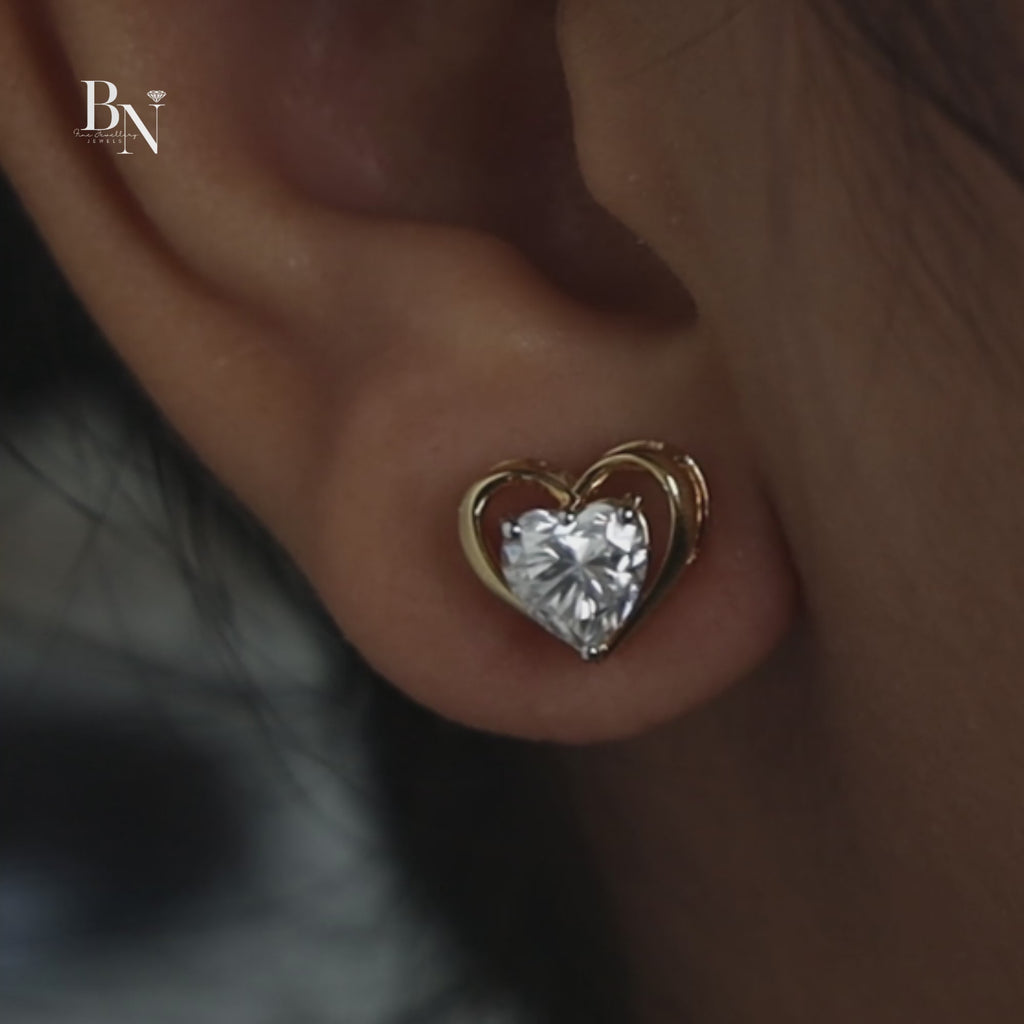 2ctw Heart Cut Lab Diamond Stud Earrings | Romantic Gold Heart Frame Studs | Ethical Fine Jewelry | Luxury Anniversary Gift |
