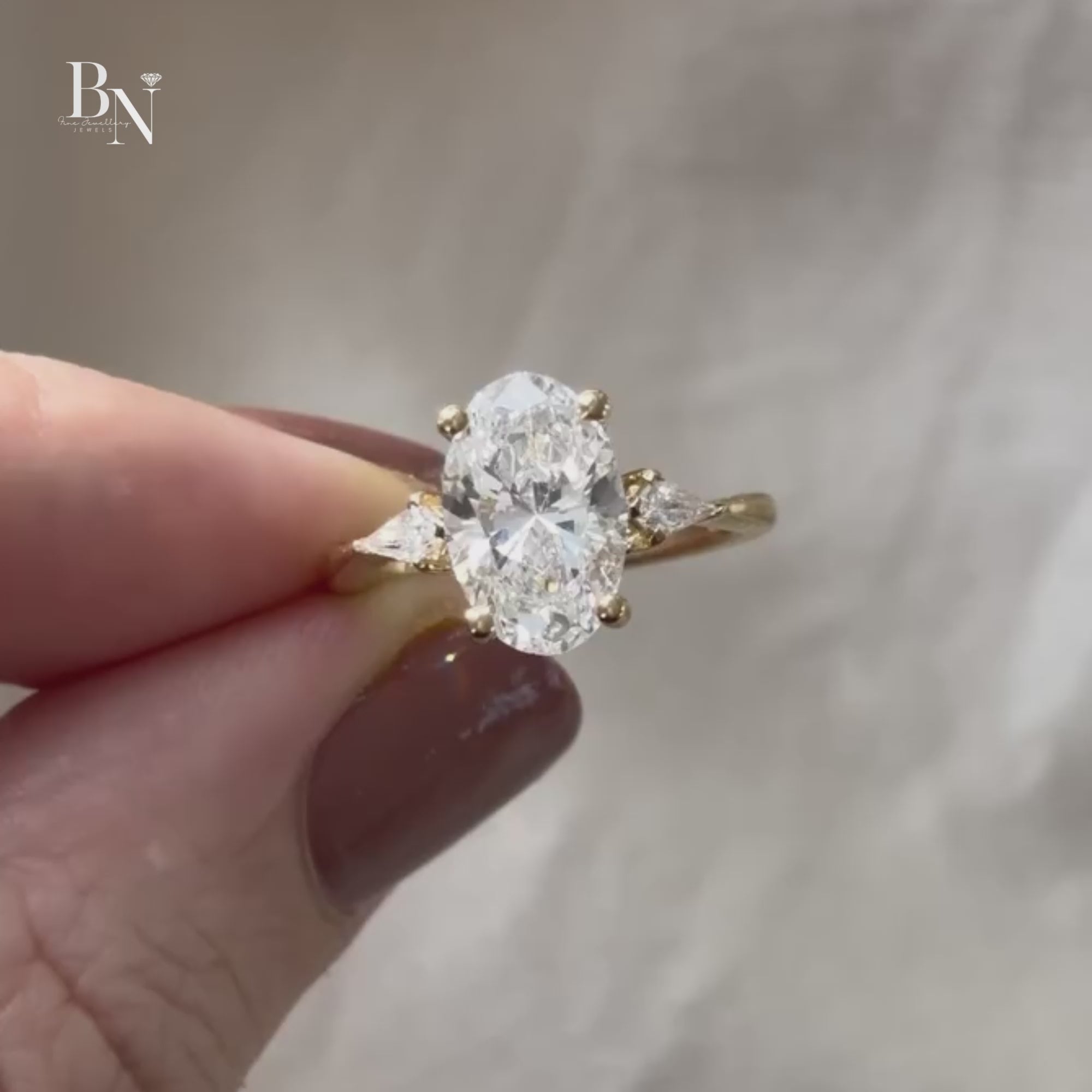 2.5ct Oval Lab Grown Diamond Engagement Ring | 14K Yellow Gold | Pear Side Stones | Three Stone Bridal Ring |