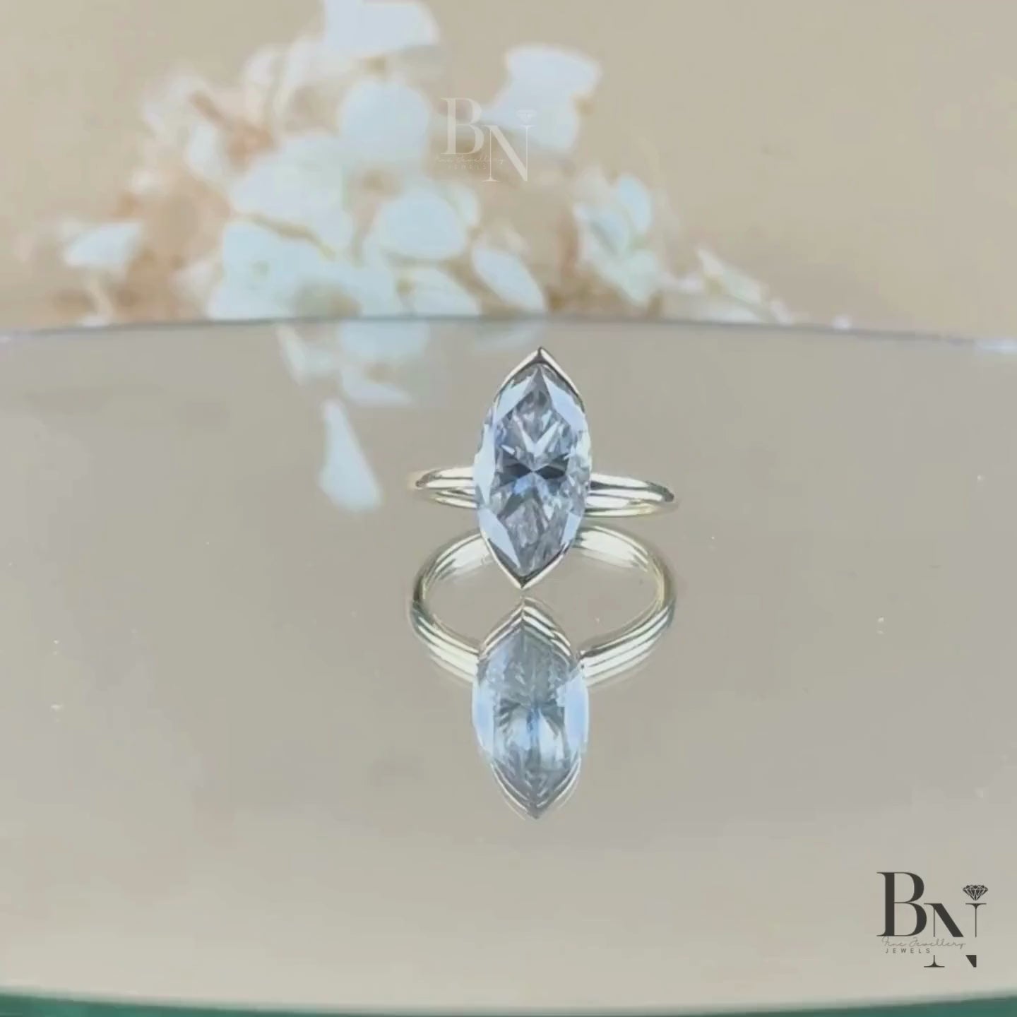 4ct Marquise Lab Grown Diamond Engagement Ring | 14K Yellow Gold Full Bezel Set Solitaire | Type IIa IGI Certified | Elongated Bridal Ring