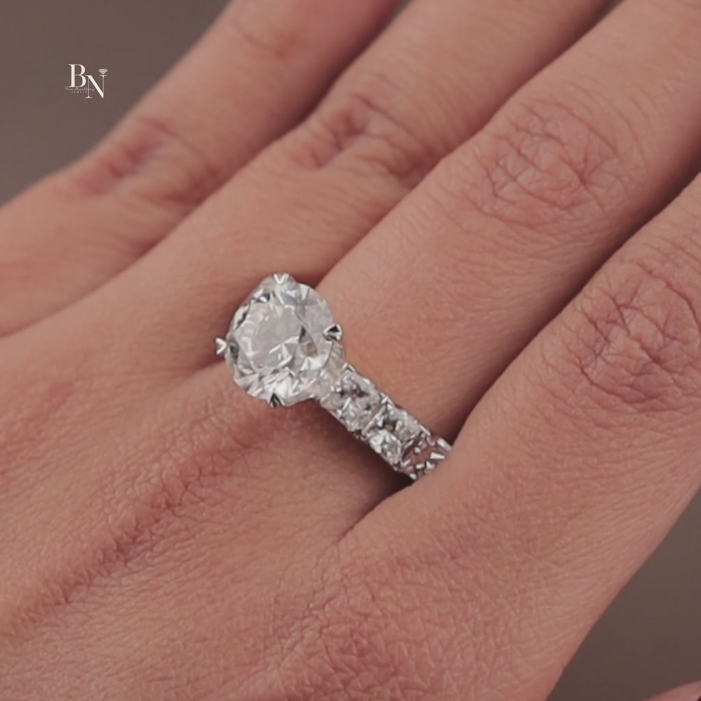 3ct Round Lab Grown Diamond Engagement Ring | NSEW Compass Prong | 14K Gold Princess Cut Accents | IGI Certified Type IIa Bridal Jewelry