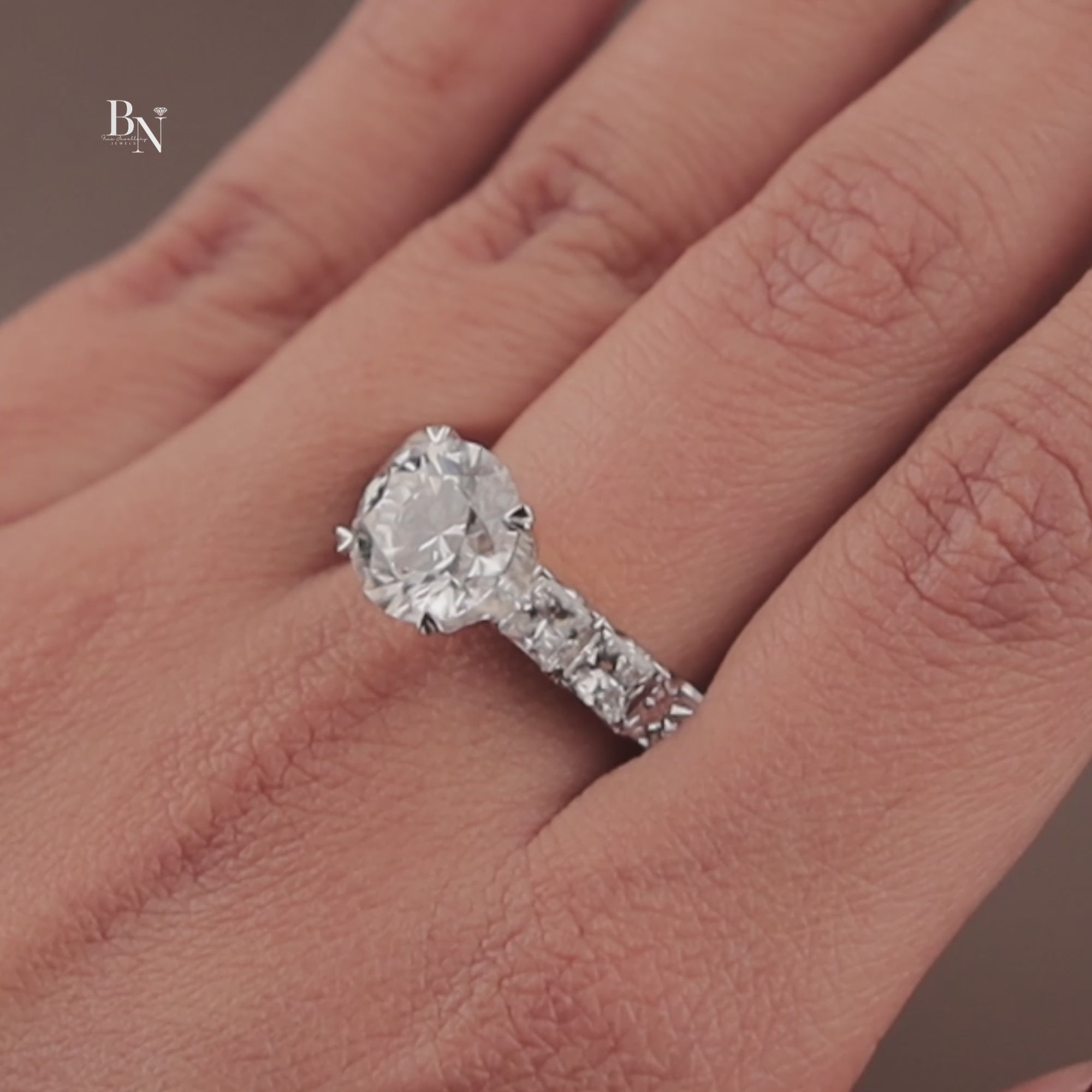 3ct Round Lab Grown Diamond Engagement Ring | NSEW Compass Prong | 14K Gold Princess Cut Accents | IGI Certified Type IIa Bridal Jewelry
