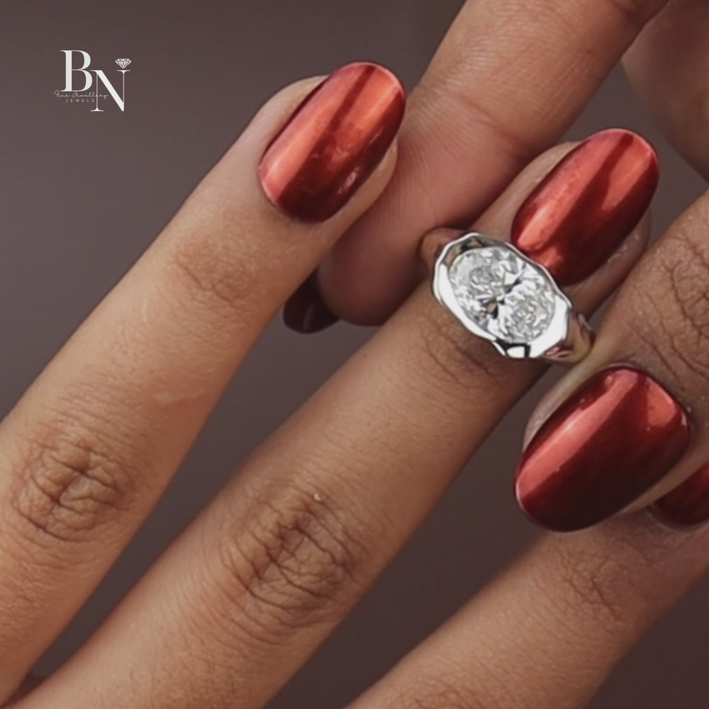 3ct Oval Lab Diamond Molten Bezel Ring, Platinum Heavy Signet Engagement Ring, Unique Chunky Wedding Ring, Asymmetric Bridal Jewelry
