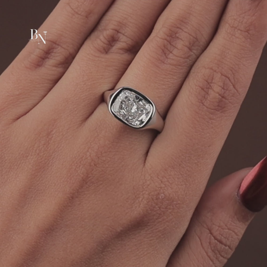 3.00 CT Cushion Lab Grown Diamond Engagement Ring | Modern Bezel Set Ring | 14K White Gold Pave Band | IGI Certified | Bold Statement Ring