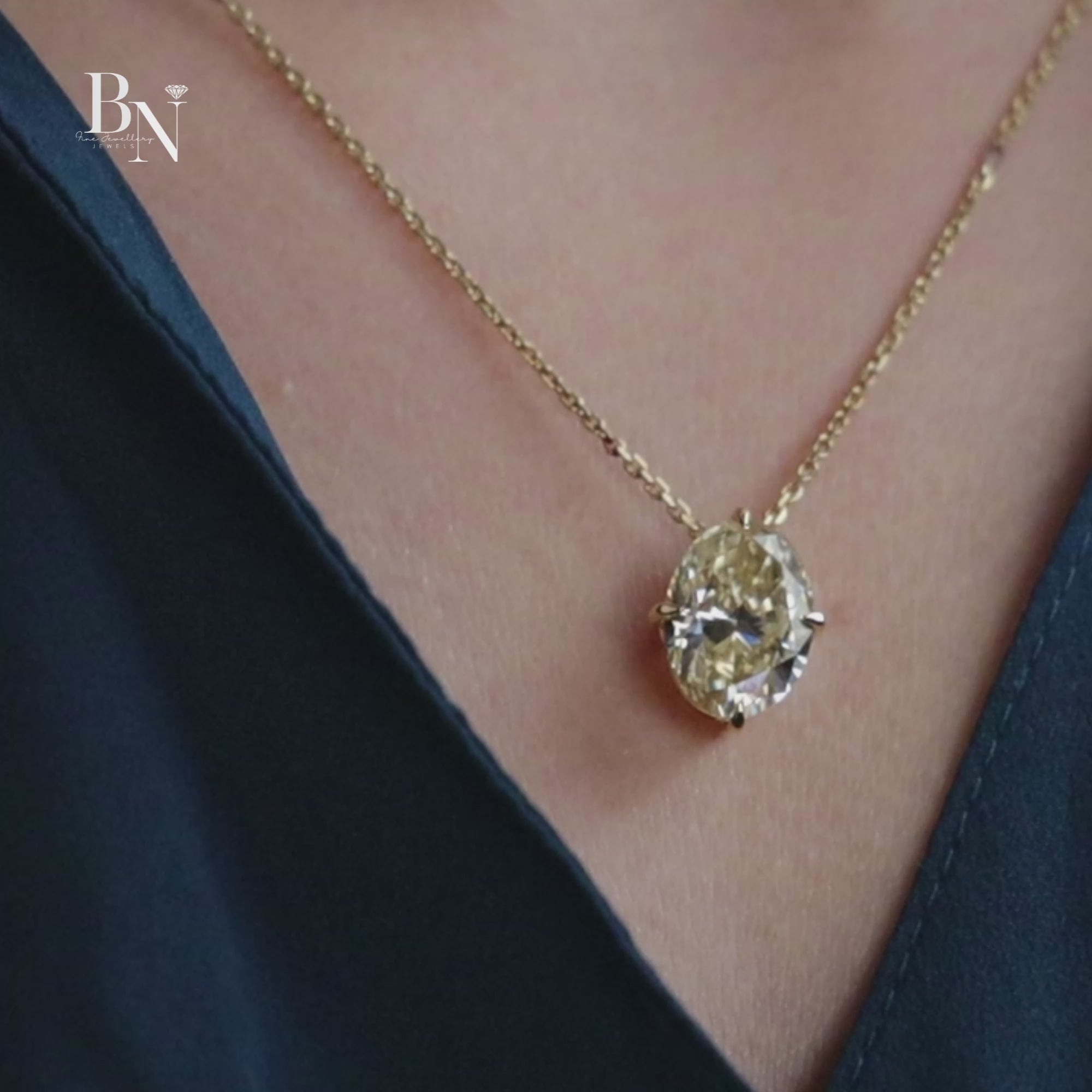 6 Carat Fancy Yellow Oval Moissanite Necklace , Yellow Gold Solitaire Pendant , Sparkling Statement Necklace