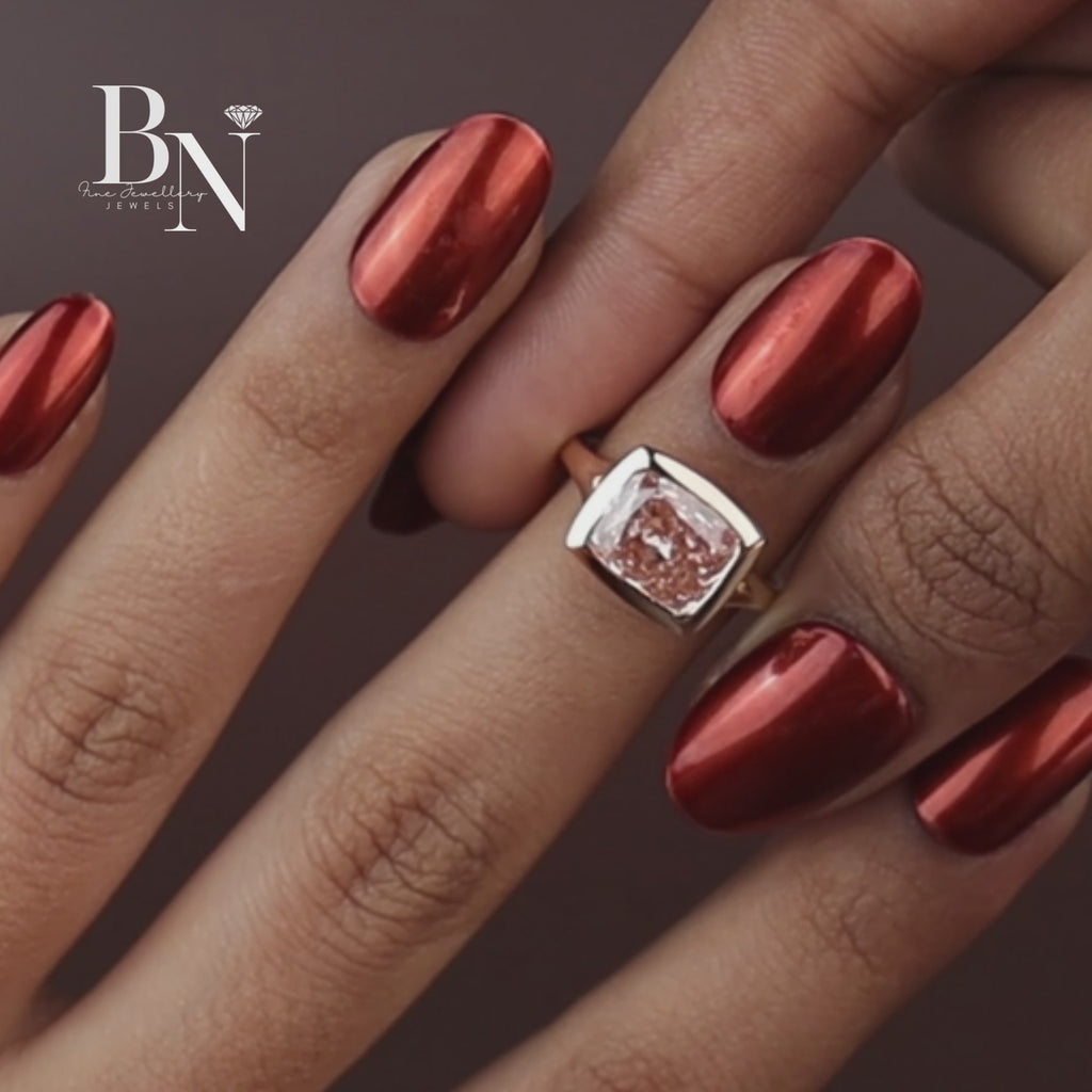 3ct Fancy Pink Cushion Lab Diamond Ring, East West Bezel Set Ring, Rose Gold Minimalist Wedding Ring, Unique Solitaire