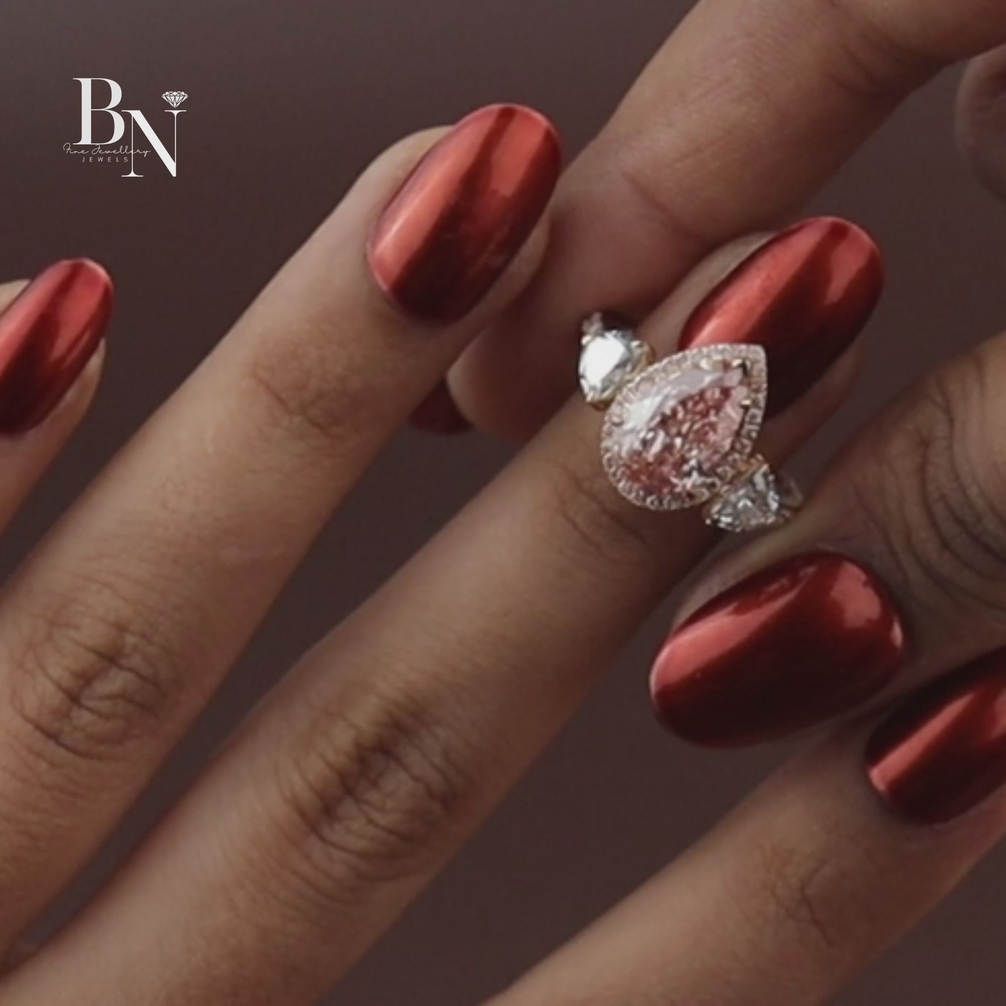 2ct Fancy Pink Pear Lab Grown Diamond Engagement Ring | 14K Rose Gold Three Stone Halo | Pave Side Cluster Pear Diamond