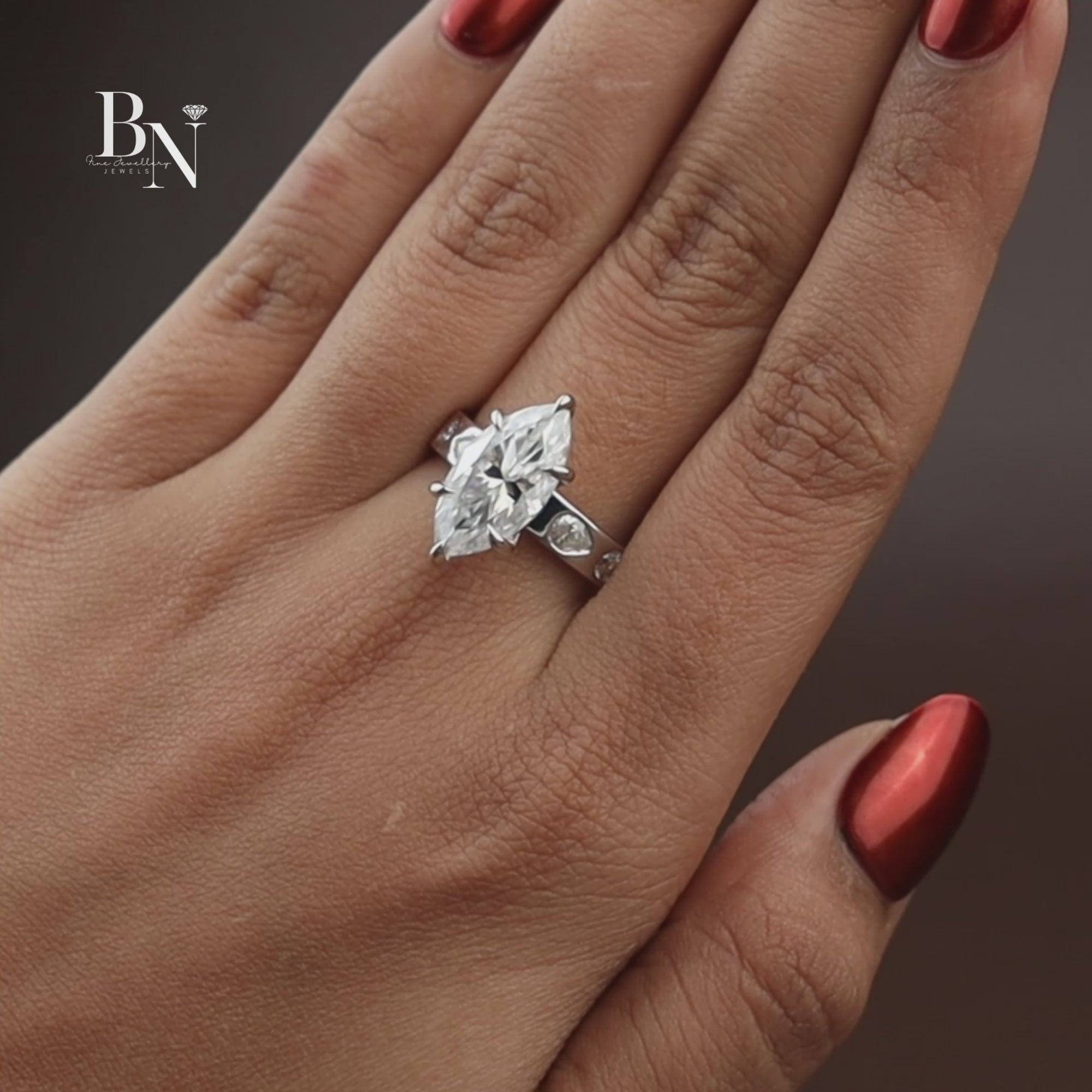 3ct Marquise Lab Grown Diamond Engagement Ring | 14K White Gold Six Prong V-Tip Solitaire | Unique Bezel Accent Band |