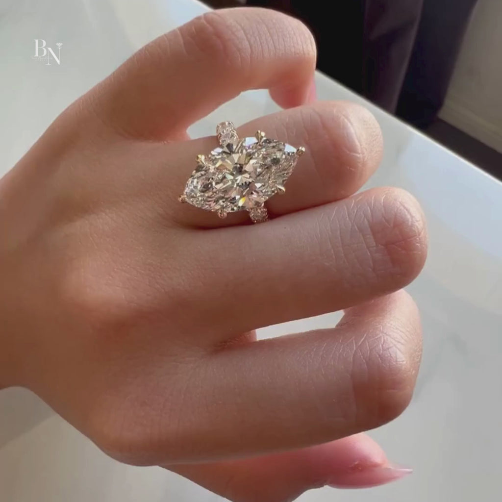 5ct Marquise Moissanite Engagement Ring | Brilliant Fire Hidden Halo Pave | 14K White Gold Wedding Ring |  Marquise Anniversary Gift