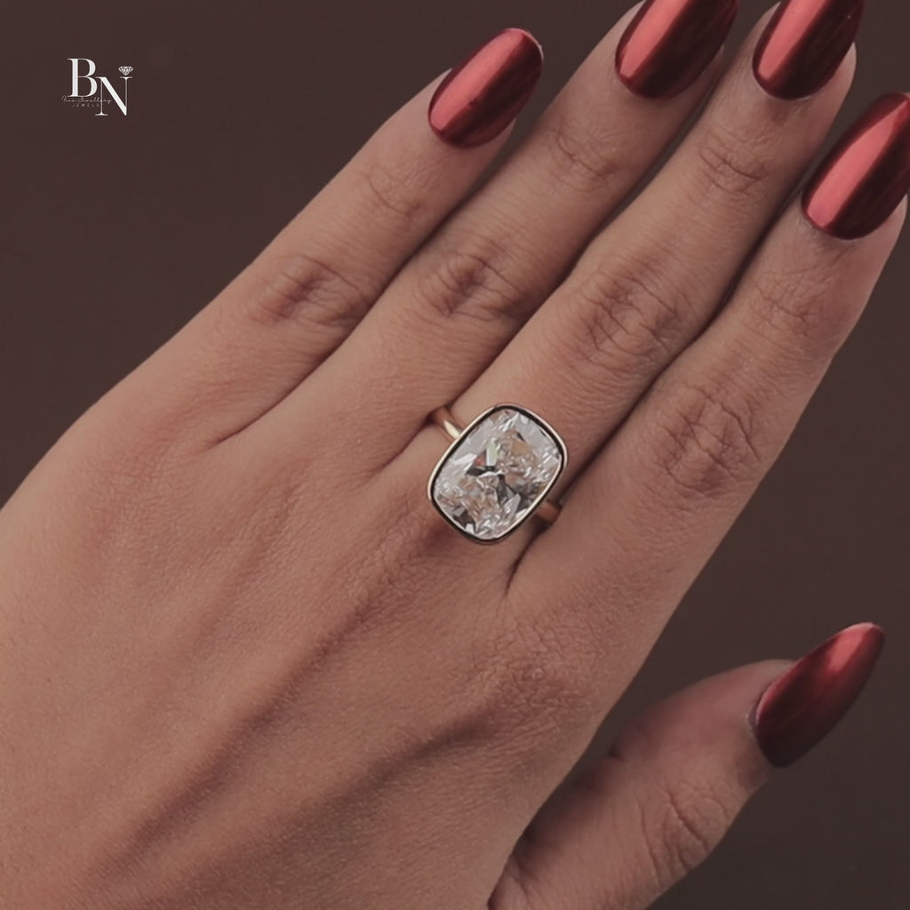 7ct Cushion Lab Grown Diamond Engagement Ring | Modern Bezel Set Ring | 14K Yellow Gold Solitaire | IGI Certified | Statement Bridal Ring