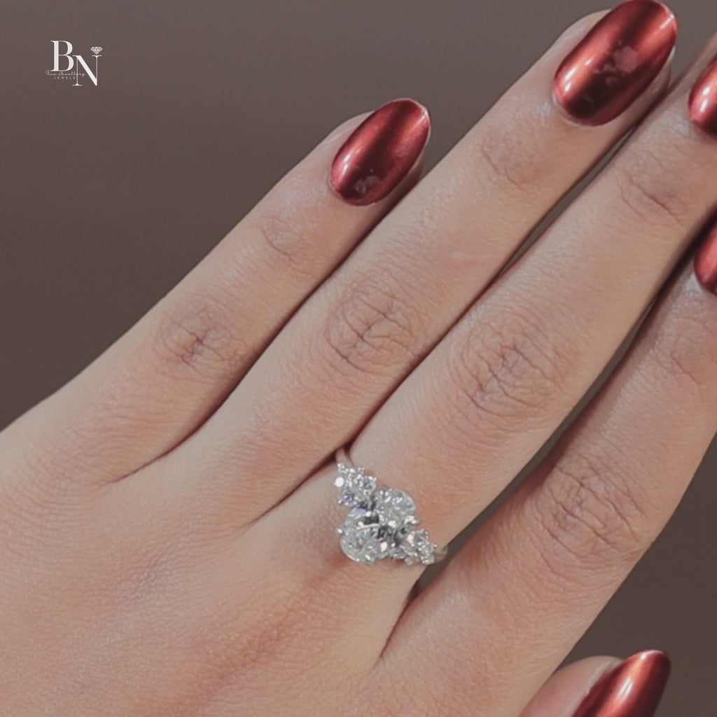 2 Carat Oval Lab Grown Diamond Engagement Ring | 14K White Gold Cluster Setting | IGI Certified | Unique Bridal Anniversary Ring |